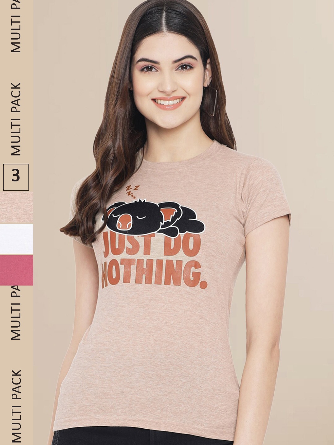 

Fabflee Women Pack Of 3 Typography Printed Cotton T-shirts, Nude