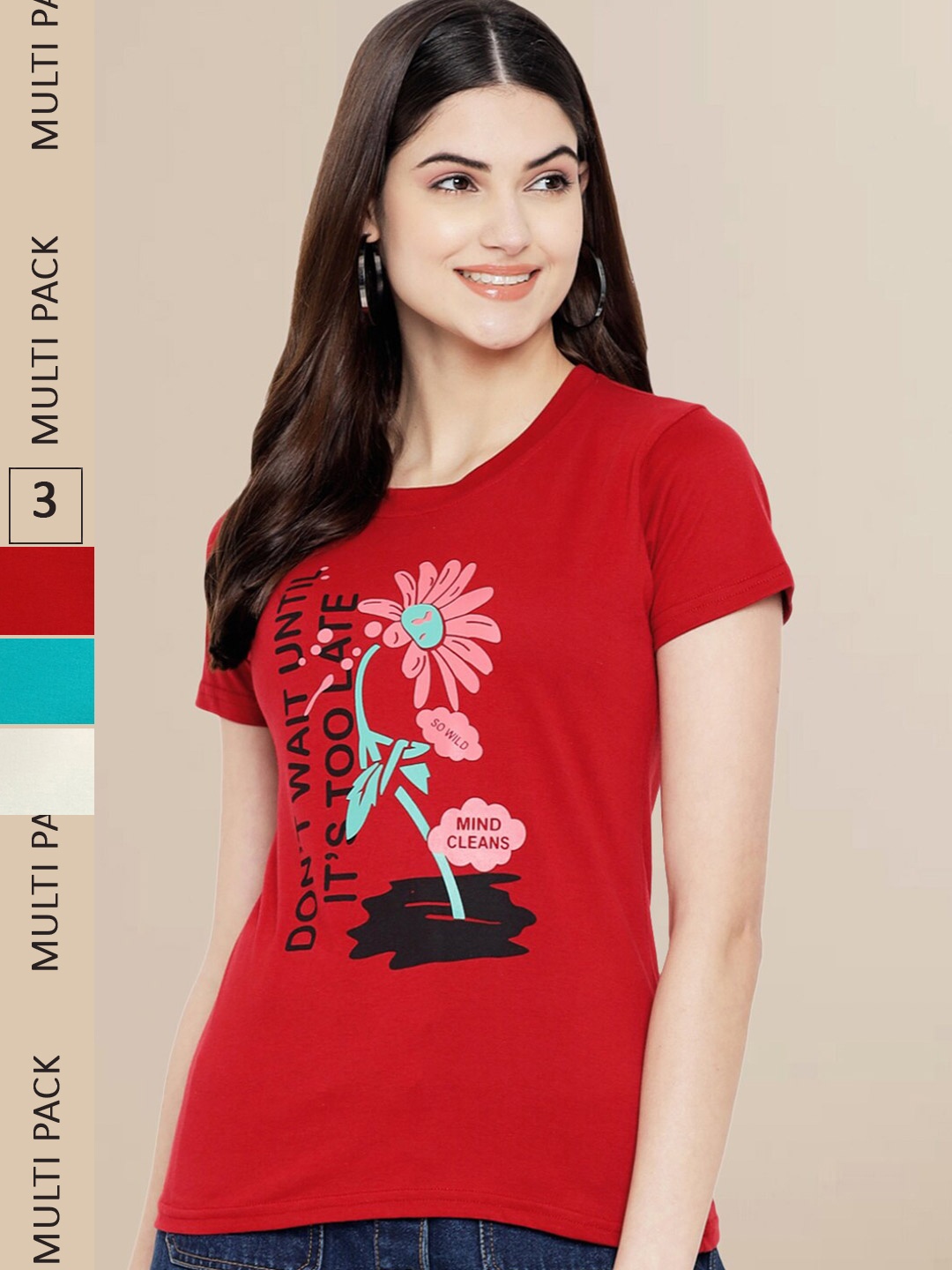 Fabflee Women Pack Of 3 Printed Cotton T-shirts, Red