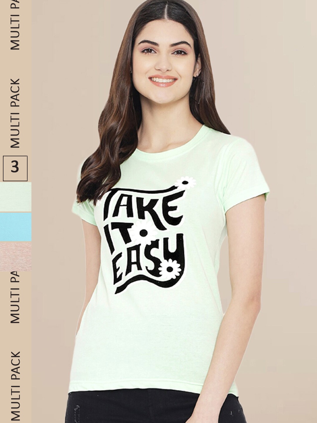 

Fabflee Women Pack Of 3 Typography Printed Cotton T-shirts, Green