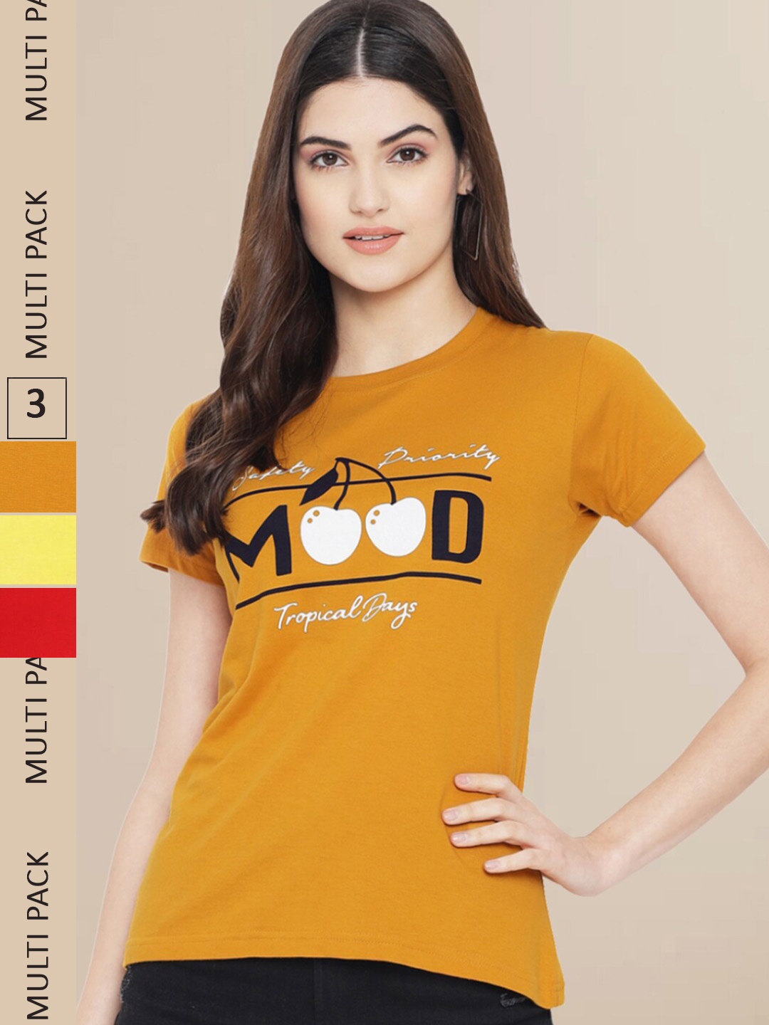 

Fabflee Women Pack Of 3 Typography Printed Cotton T-shirts, Mustard