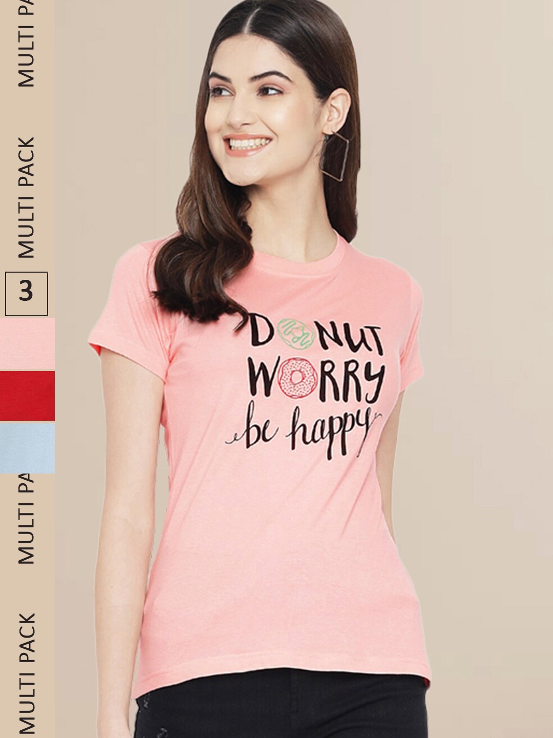 Fabflee Women Pack Of 3 Typography Printed Cotton T-shirts, Peach