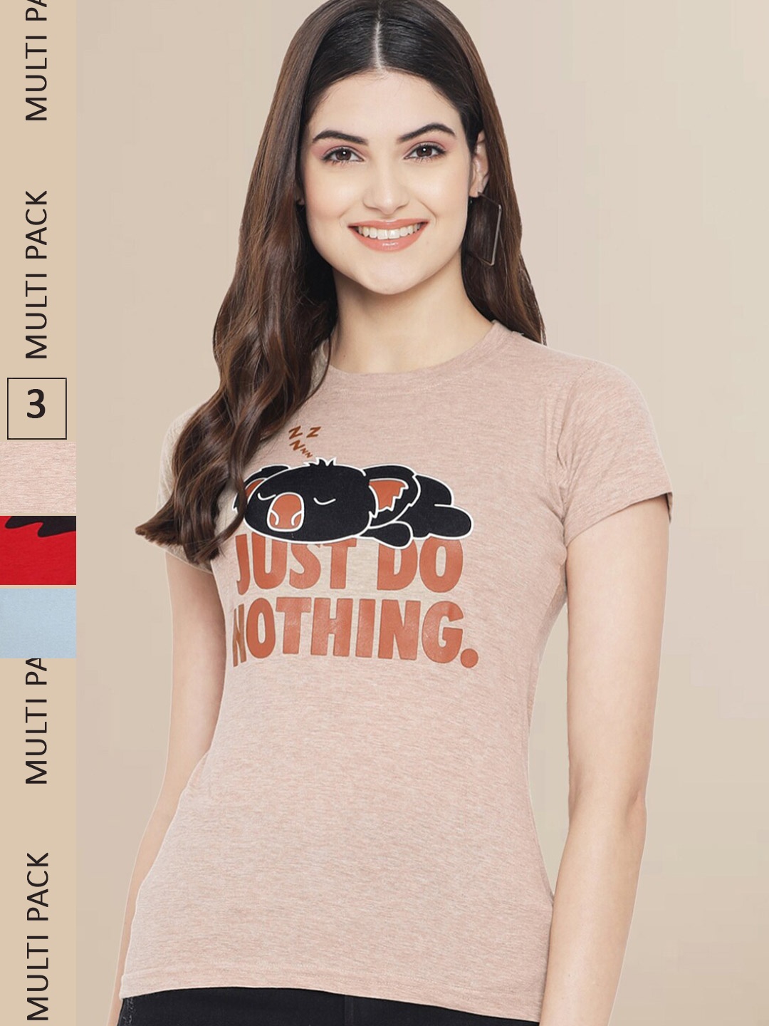 

Fabflee Women Pack Of 3 Typography Printed Cotton T-shirts, Nude