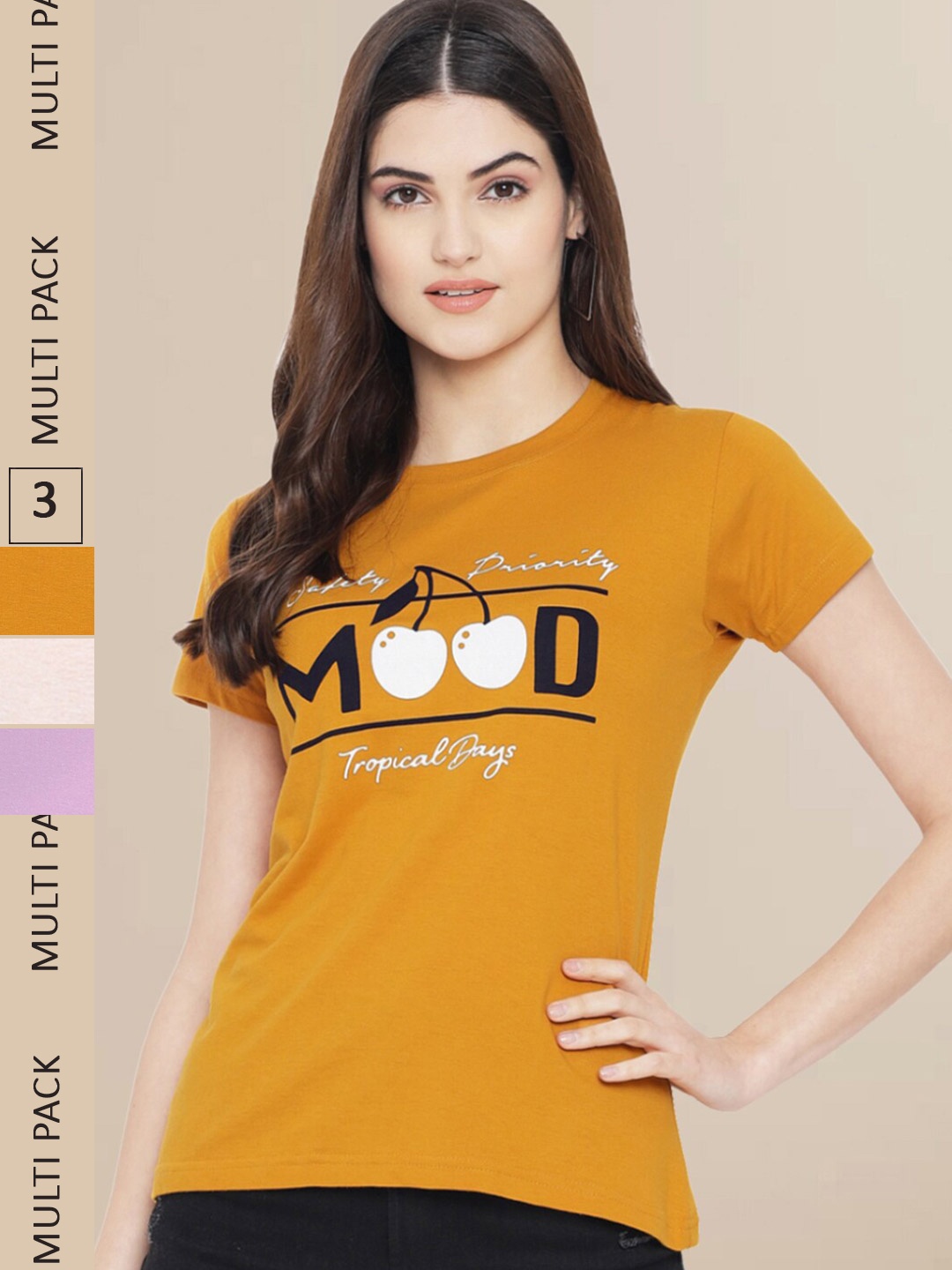 

Fabflee Women Pack Of 3 Typography Printed Cotton T-shirts, Mustard