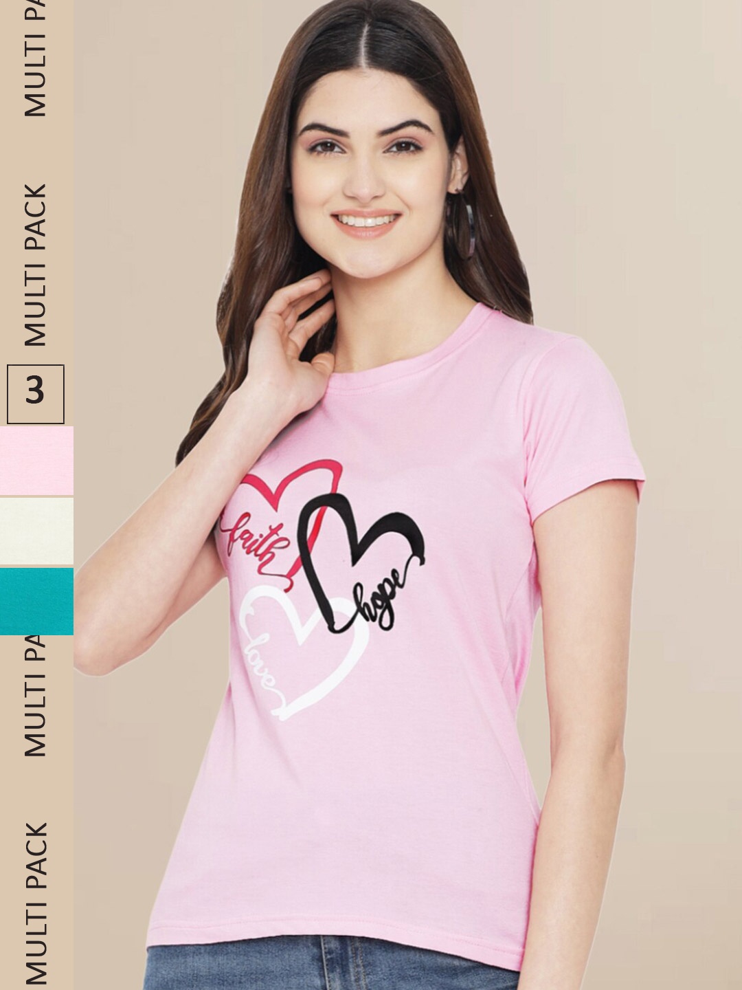 Fabflee Women Pack Of 3 Printed Cotton T-shirts, Pink