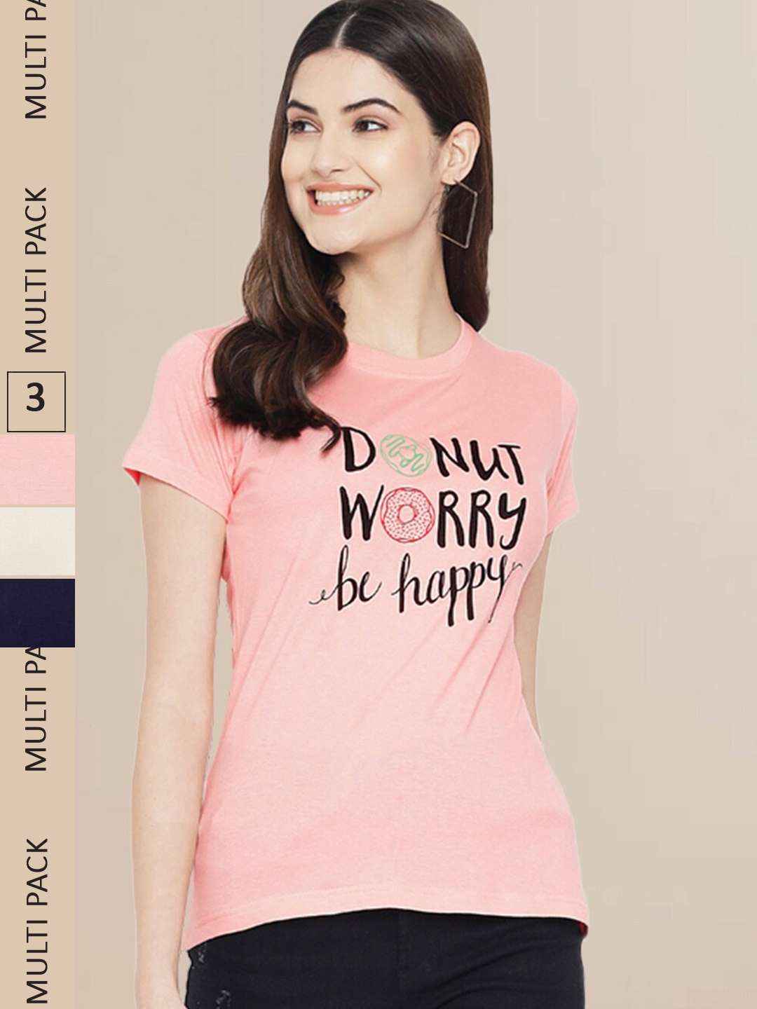 

Fabflee Women Pack Of 3 Typography Printed CottonT-shirts, Peach
