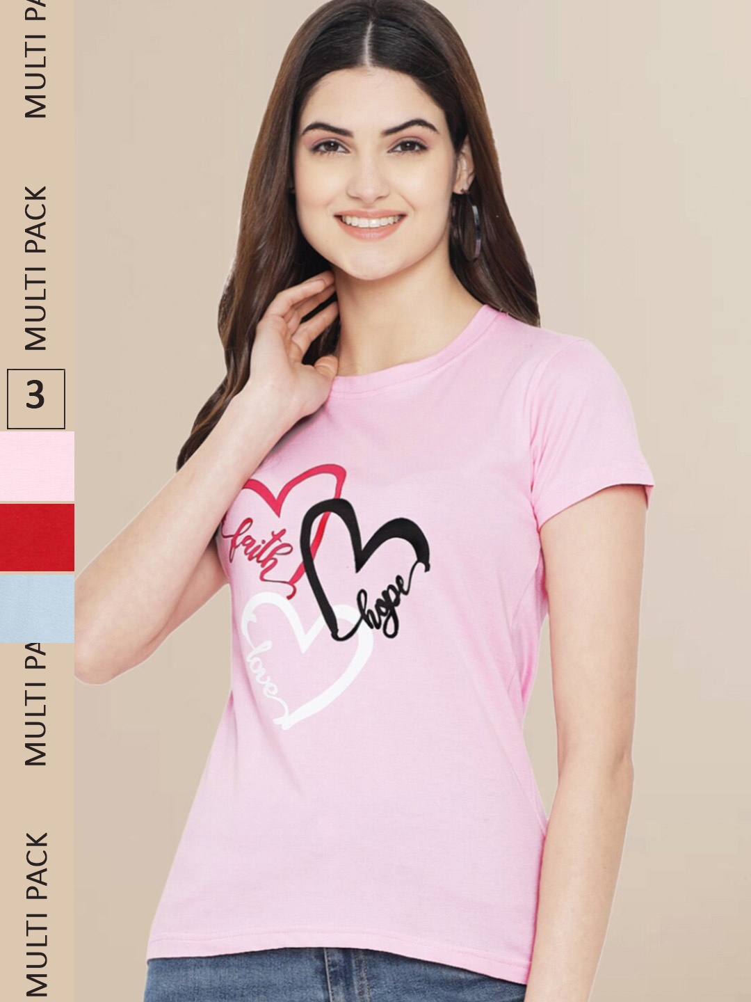Fabflee Women Pack Of 3 Printed Cotton T-shirts, Pink