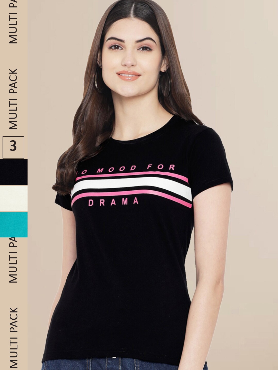 

Fabflee Women Pack Of 3 Printed Cotton T-shirts, Black