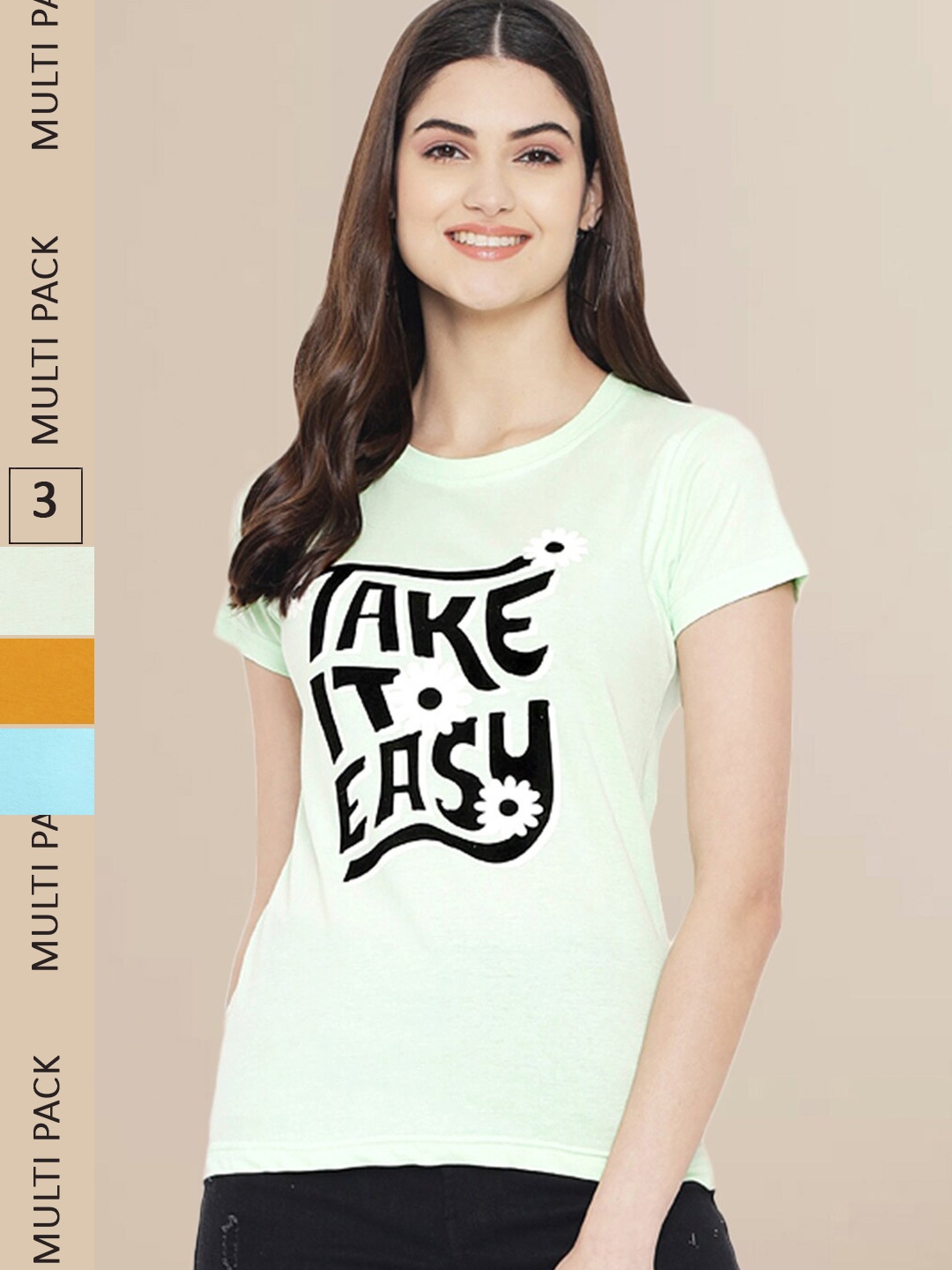 

Fabflee Women Pack Of 3 Typography Printed Cotton T-shirts, Green