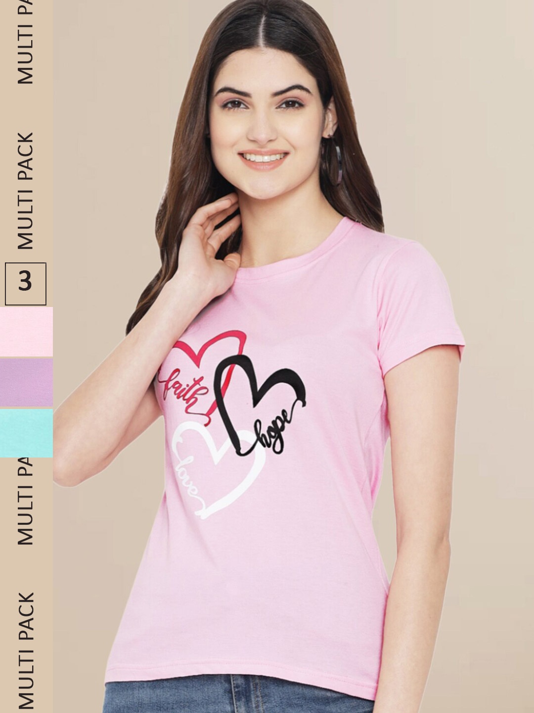 

Fabflee Women Pack Of 3 Printed Cotton T-shirts, Pink