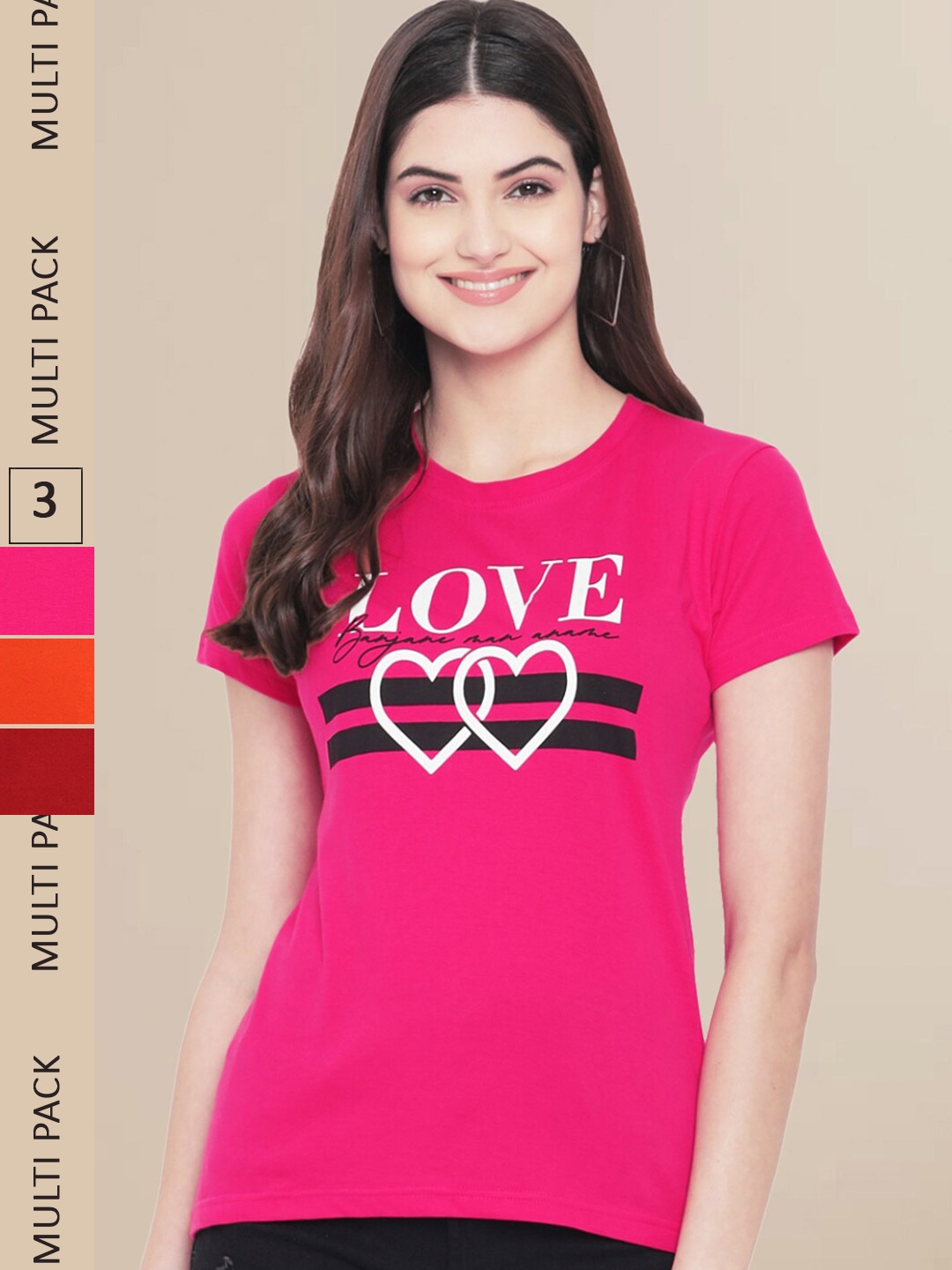 

Fabflee Women Pack Of 3 Typography Printed Cotton T-shirts, Pink