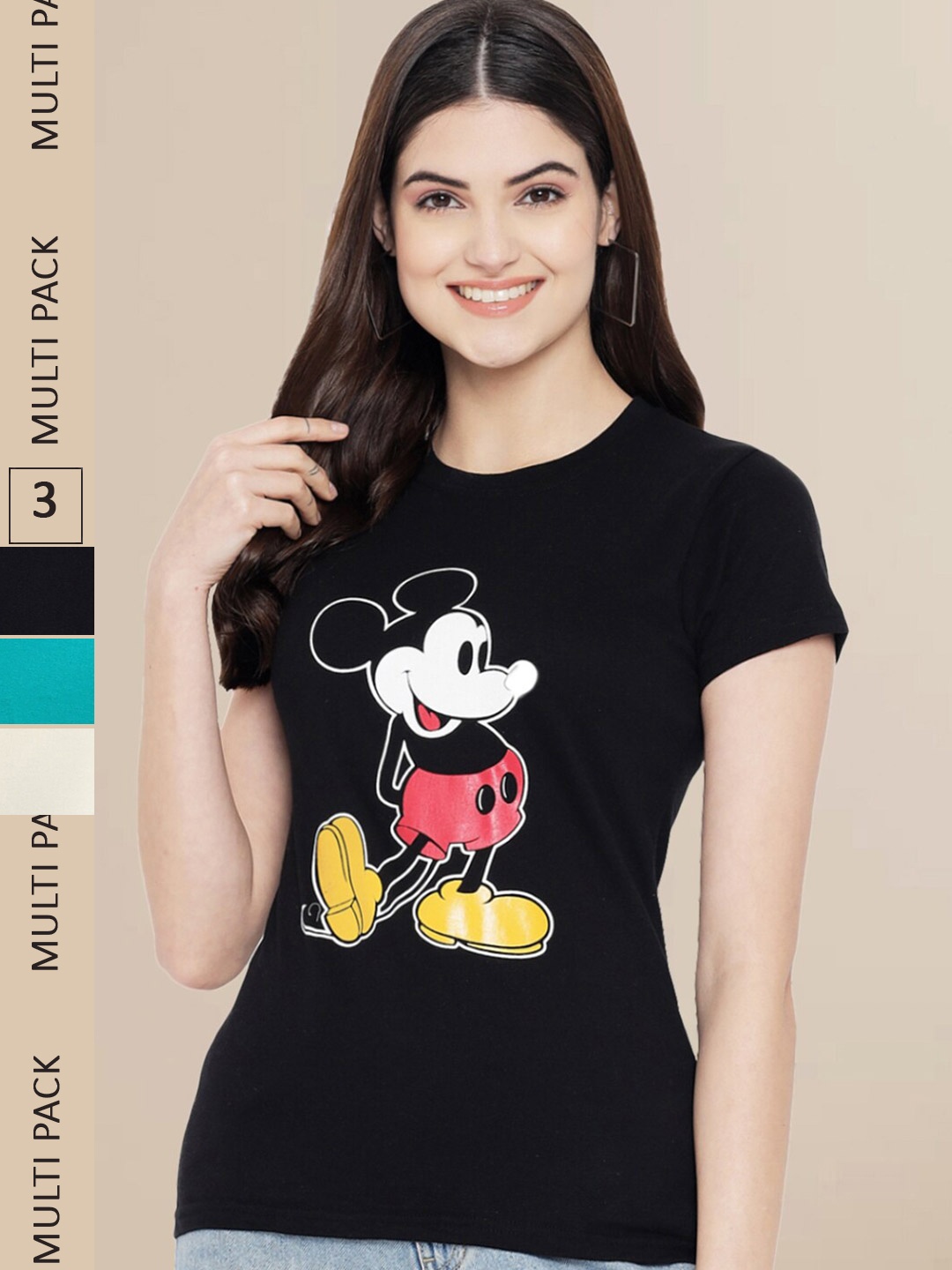 

Fabflee Women Pack of 3 Mickey Mouse Printed Cotton T-shirts, Black