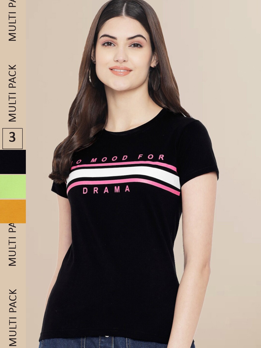 Fabflee Women Pack of 3 Typography Printed Cotton T-shirts, Black