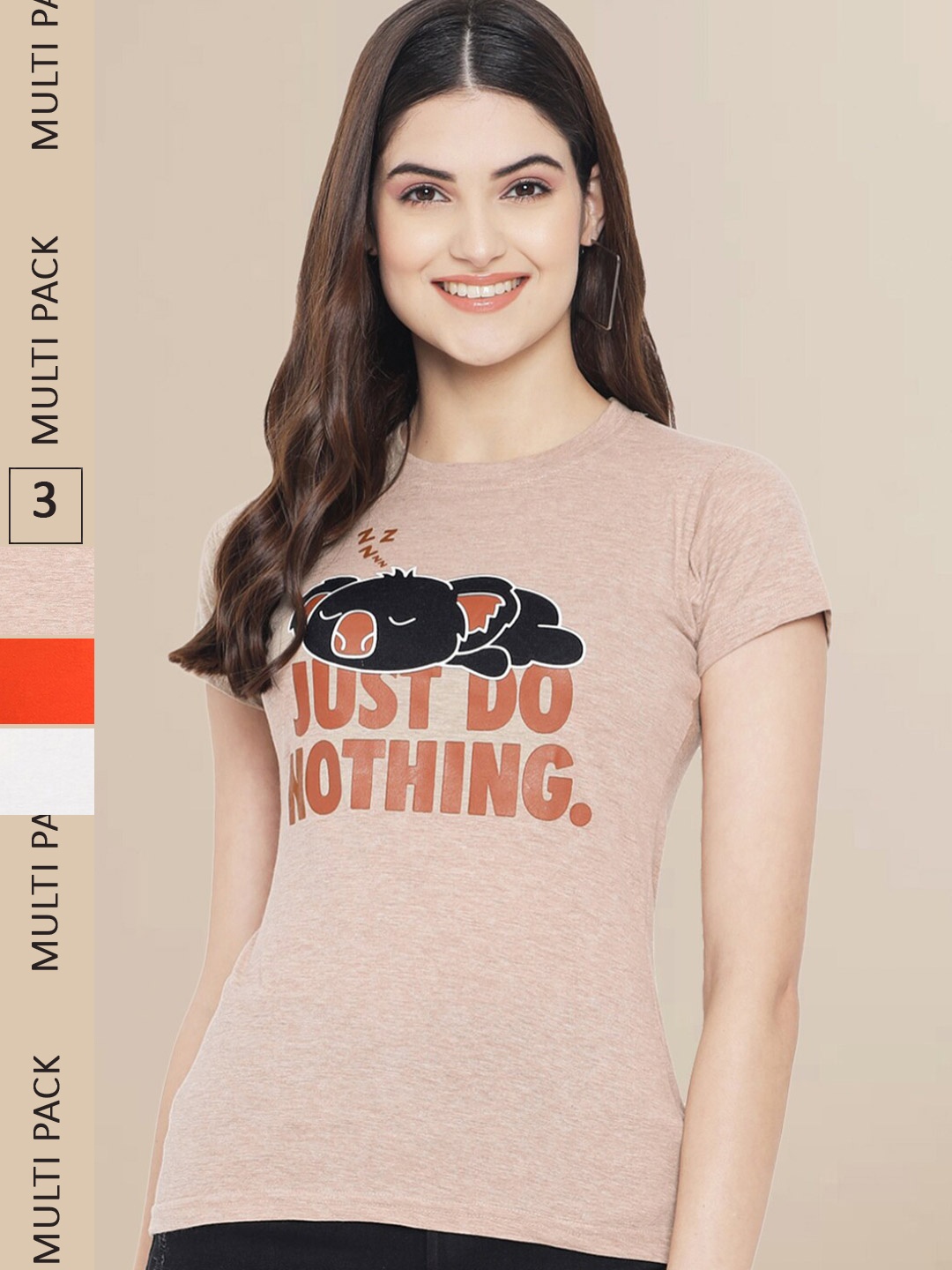 

Fabflee Women Pack of 3 Typography Printed Cotton T-shirts, Nude