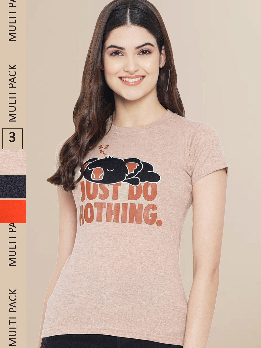 

Fabflee Women Pack of 3 Printed Cotton T-shirts, Nude