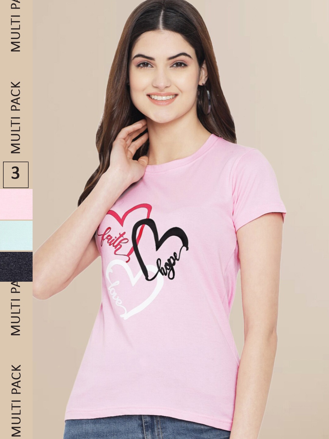 

Fabflee Women Pack of 3 Printed Cotton T-shirts, Pink