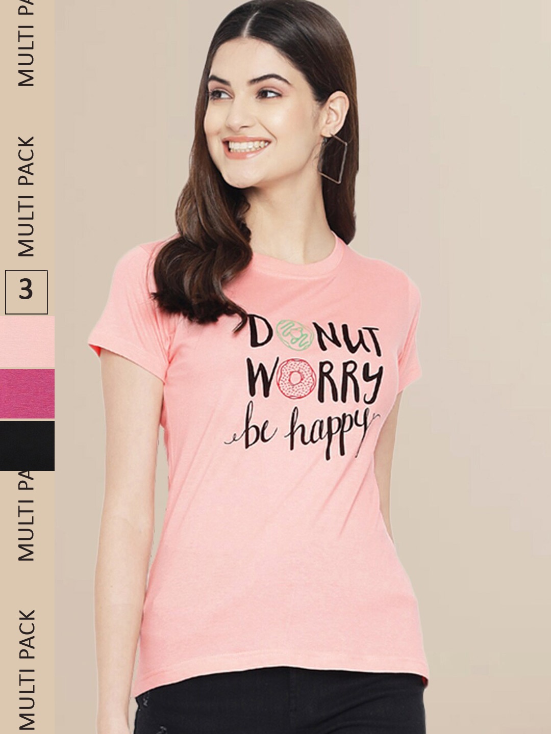 Fabflee Women Pack of 3 Typography Printed Cotton T-shirts, Peach