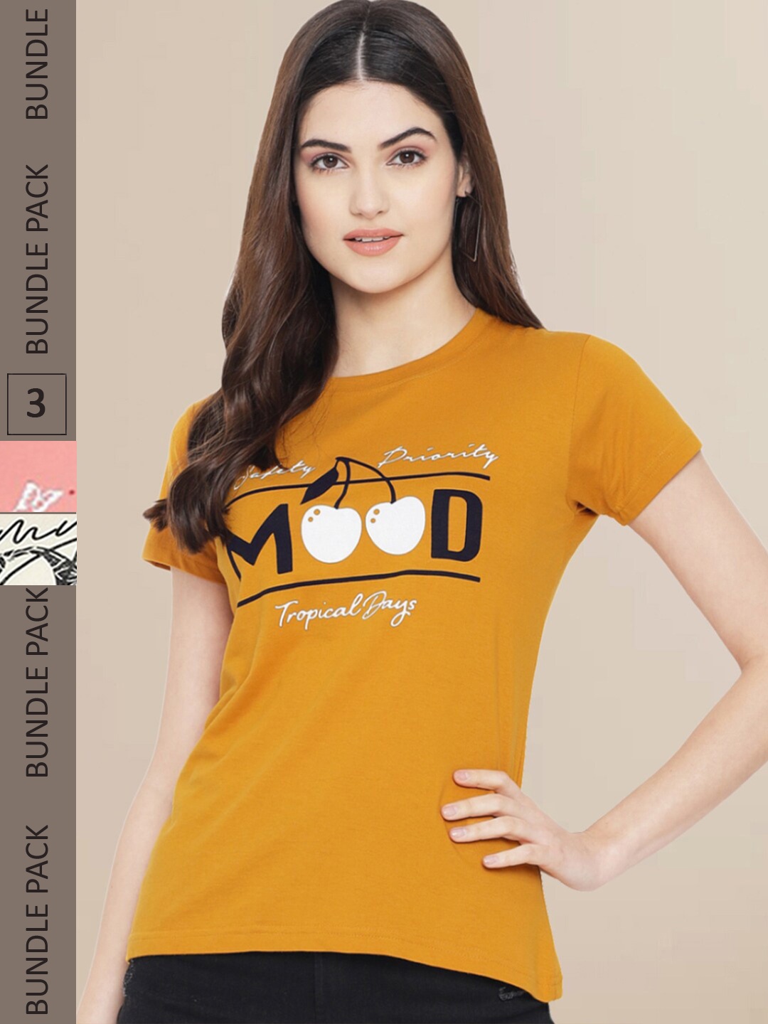 

Fabflee Women Pack of 3 Typography Printed Cotton T-shirts, Mustard