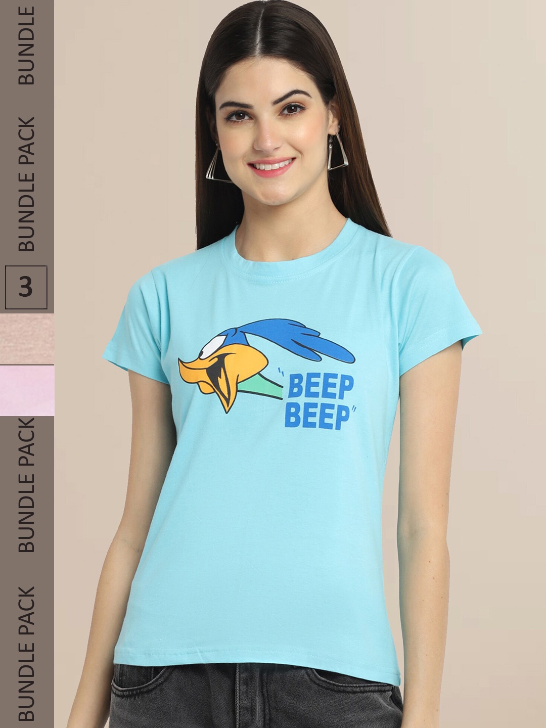 

Fabflee Women Pack of 3 Printed Cotton T-shirt, Blue