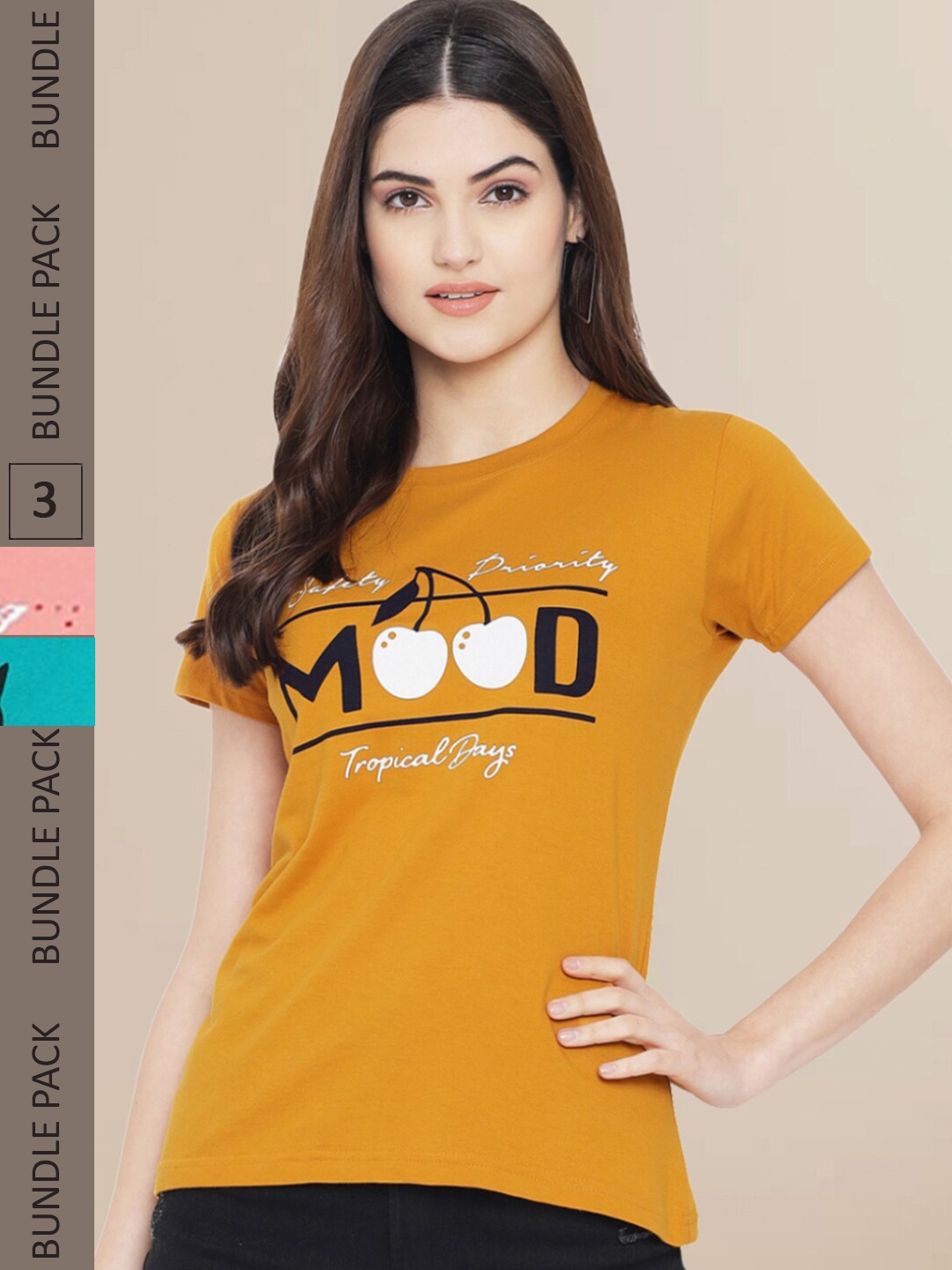 Fabflee Women Pack of 3 Typography Printed Cotton T-shirt, Mustard
