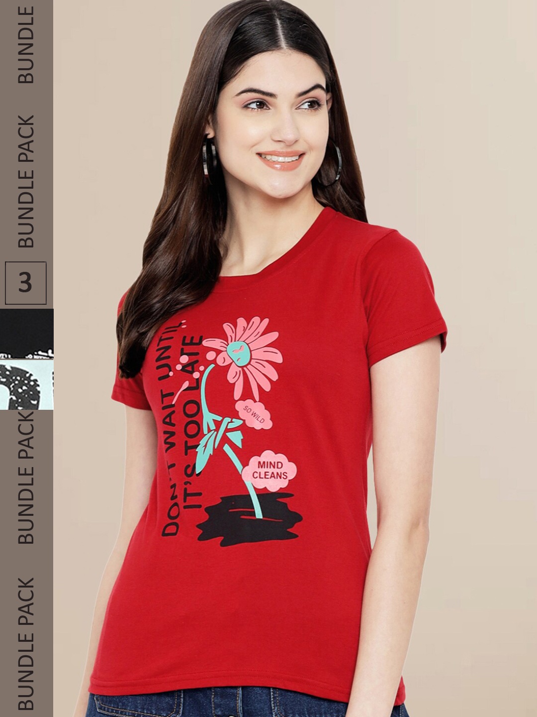 

Fabflee Women Pack of 3 Printed Cotton T-shirt, Red