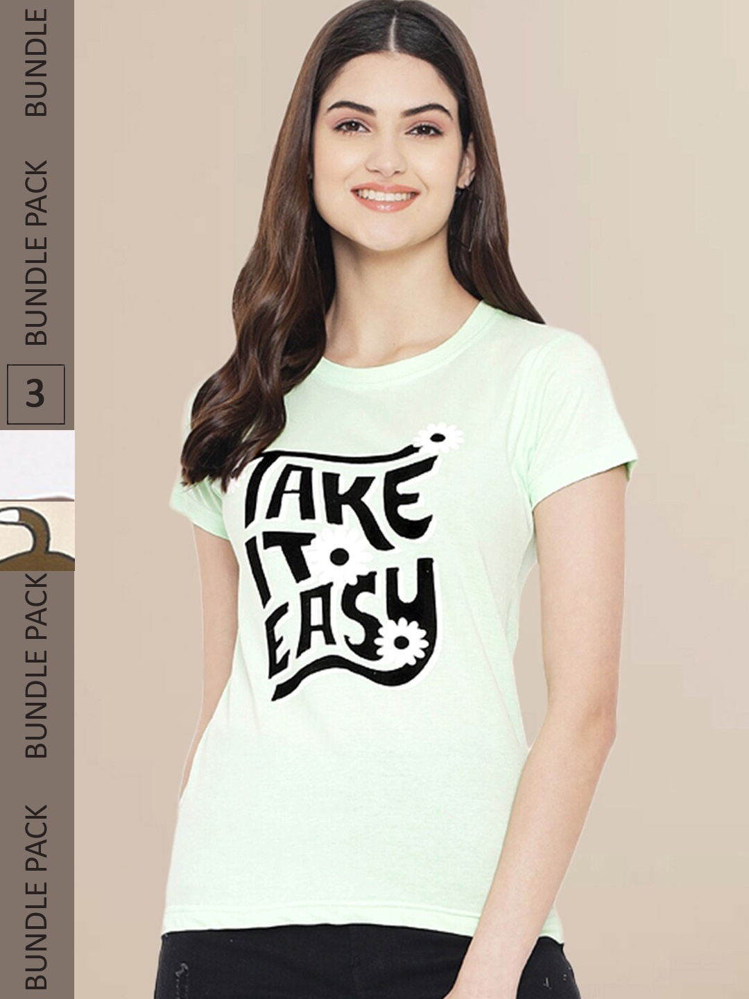 

Fabflee Women Pack of 3 Typography Printed Cotton T-shirt, Yellow