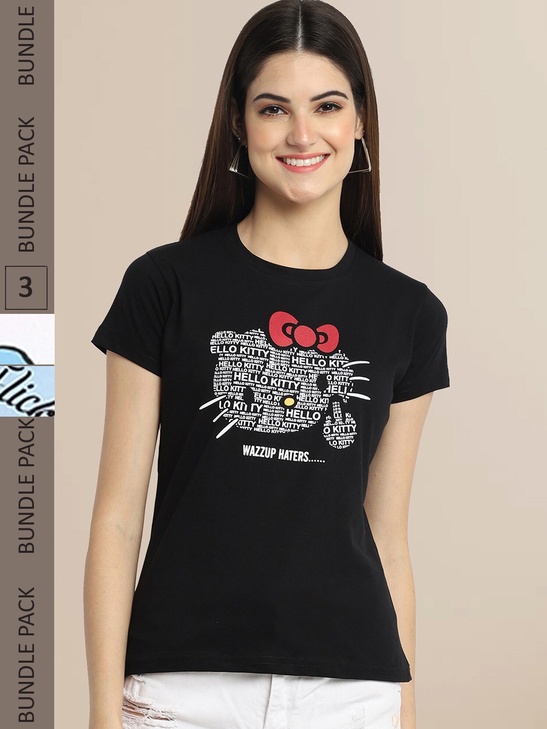 

Fabflee Women Pack of 3 Typography Printed Cotton T-shirt, Black