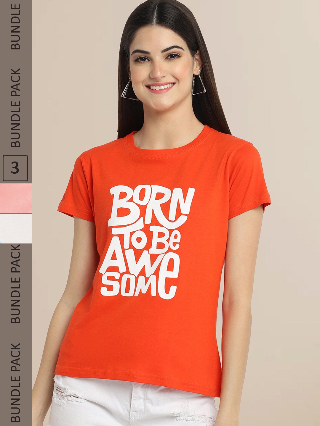 

Fabflee Women Pack of 3 Typography Printed Cotton T-shirt, Orange