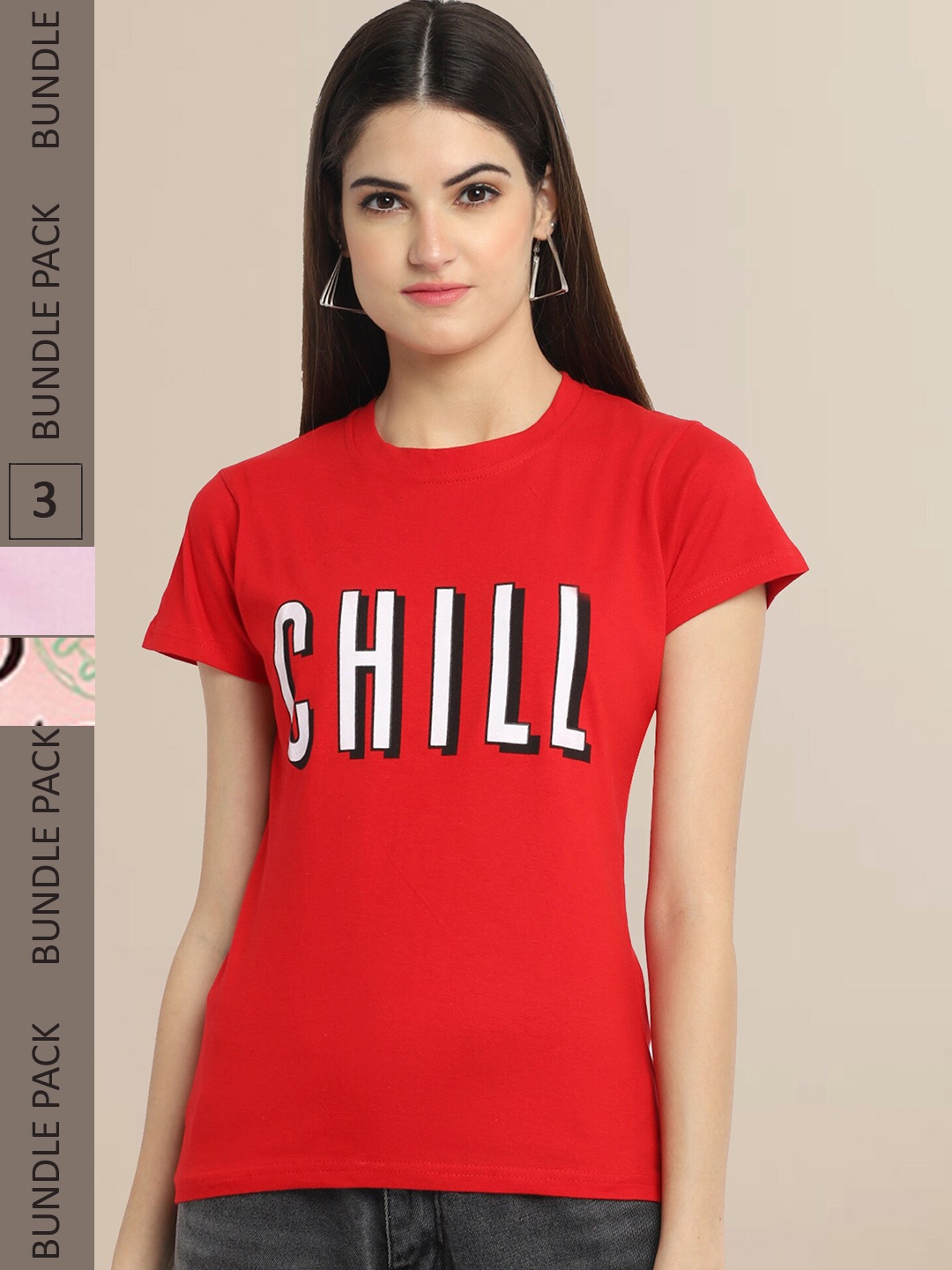 

Fabflee Women Pack of 3 Typography Printed Cotton T-shirt, Red