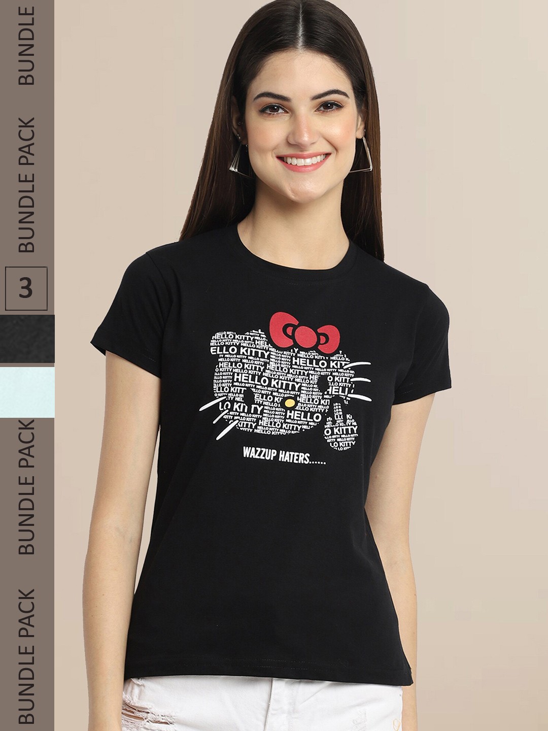 

Fabflee Women Pack of 3 Typography Printed Cotton T-shirt, Black