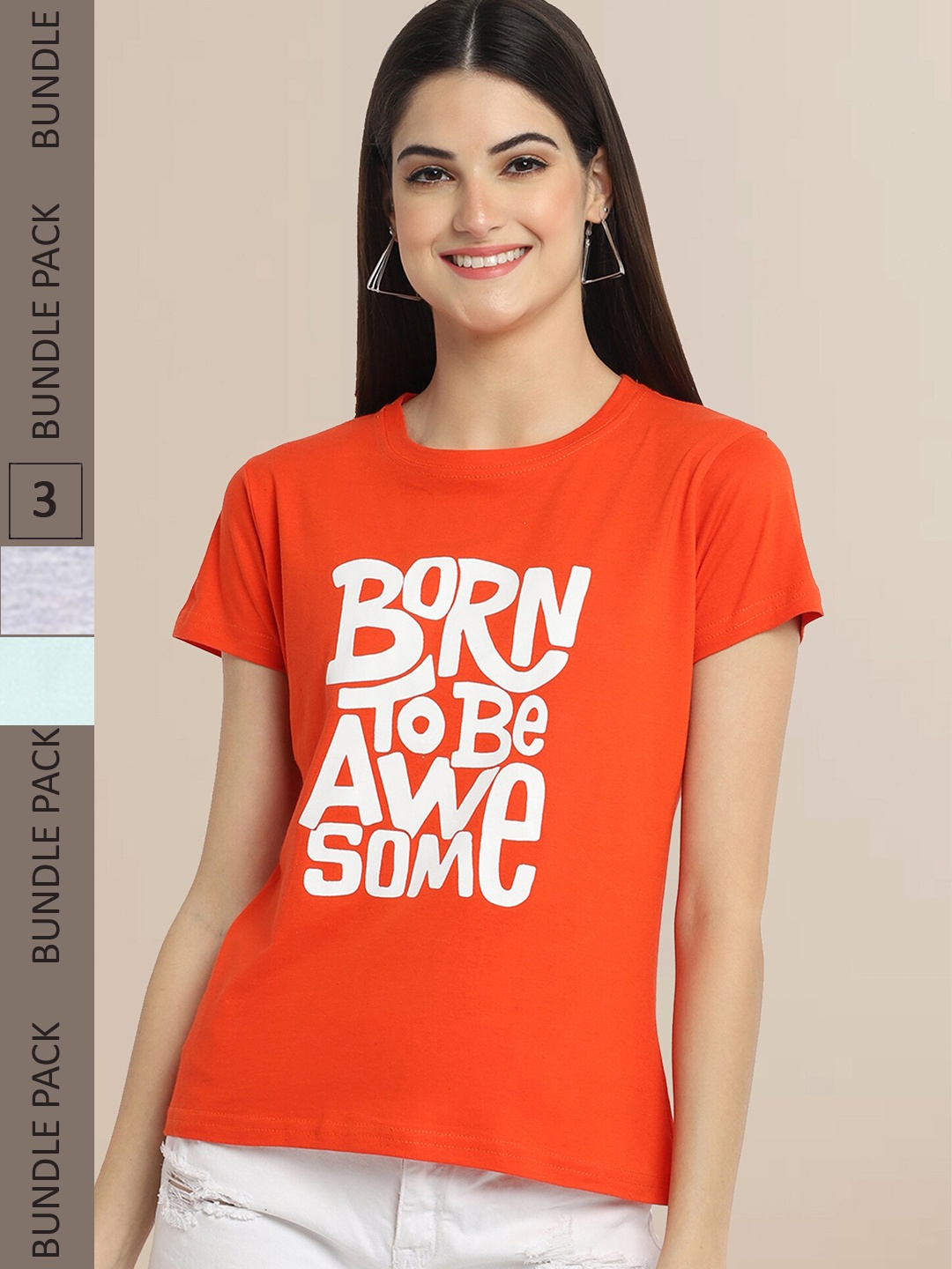 

Fabflee Women Pack of 3 Typography Printed Cotton T-shirt, Orange