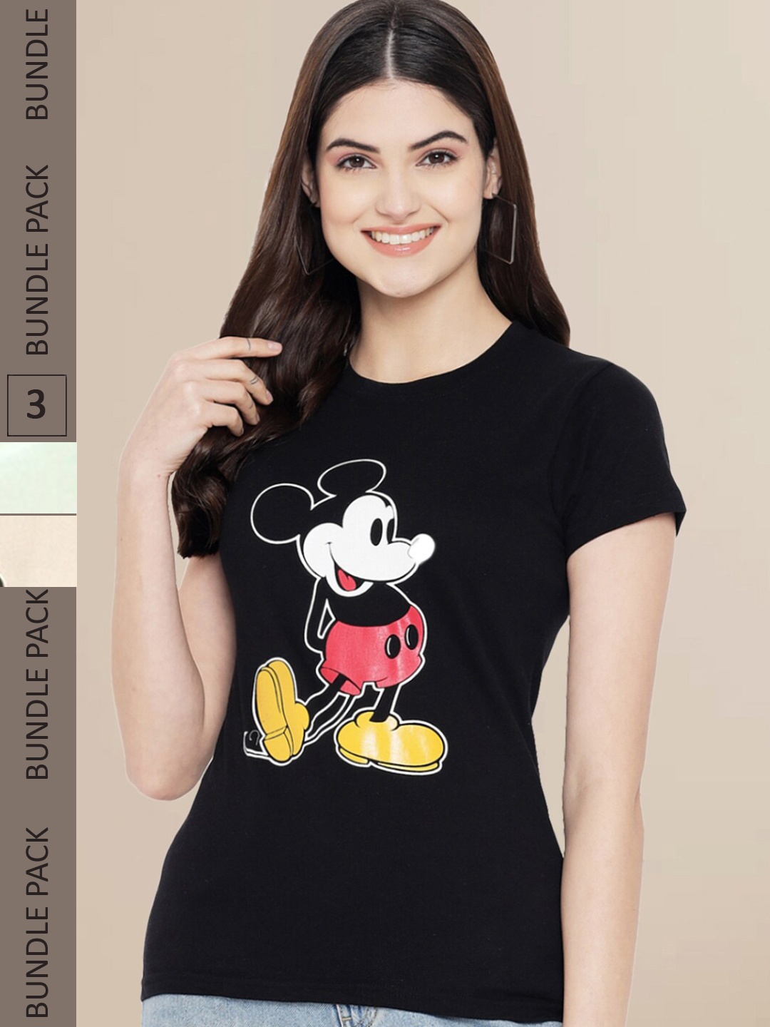 

Fabflee Women Pack of 3 Graphic Printed Cotton T-shirt, Black