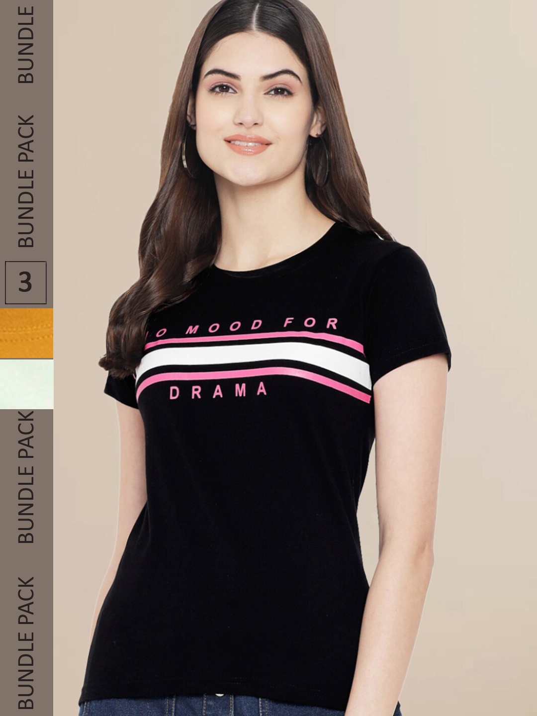 Fabflee Women Pack of 3 Printed Cotton T-shirts, Black