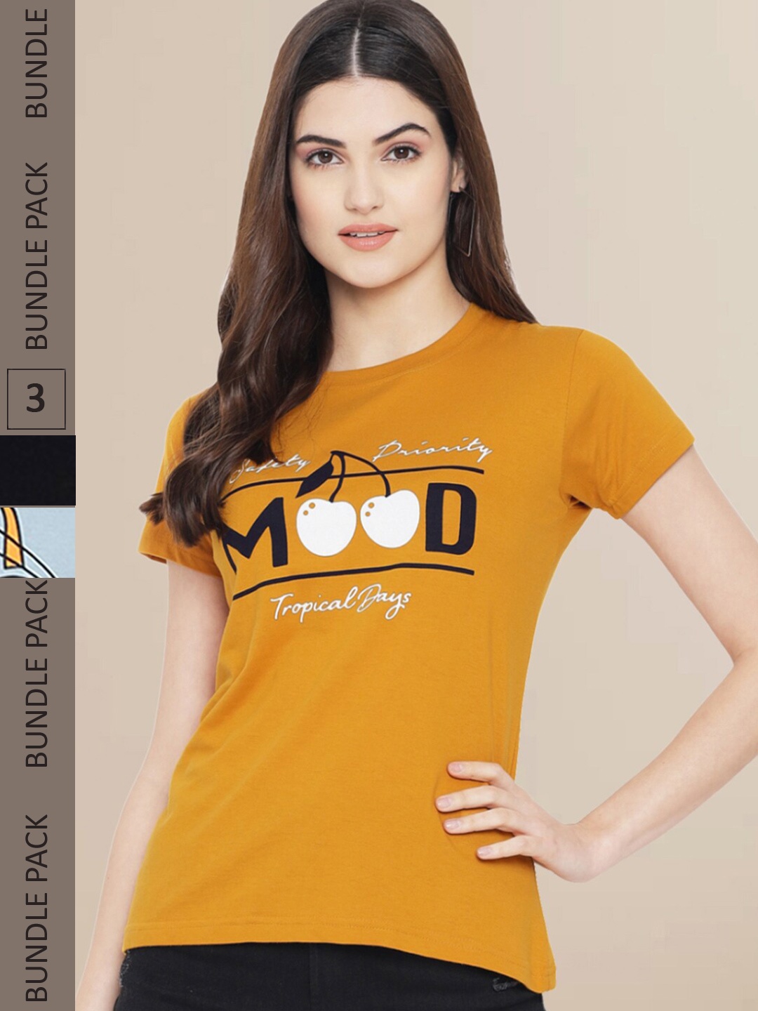 

Fabflee Women Pack of 3 Printed Cotton T-shirts, Mustard