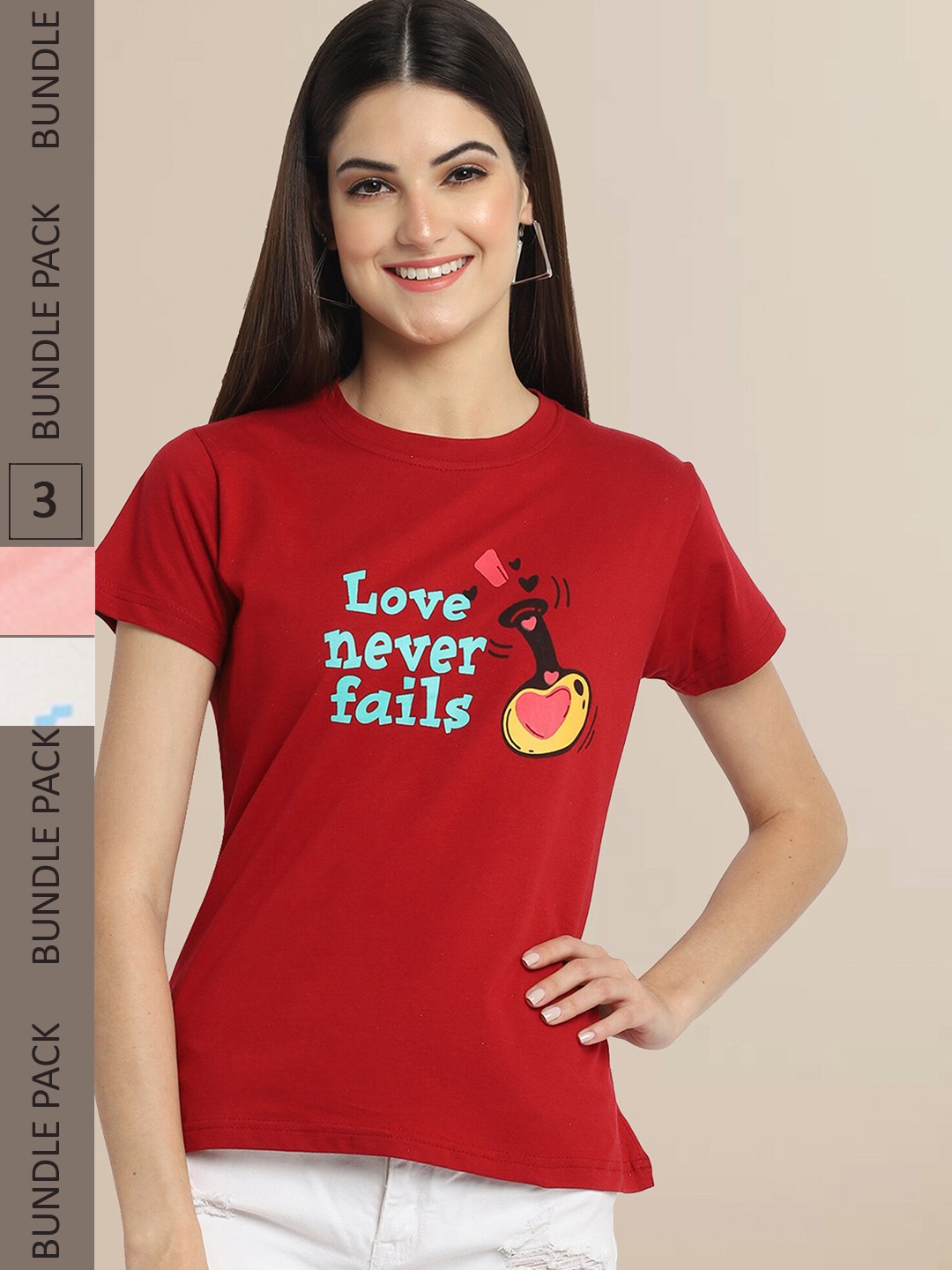 

Fabflee Women Pack of 3 Printed Cotton T-shirts, Red