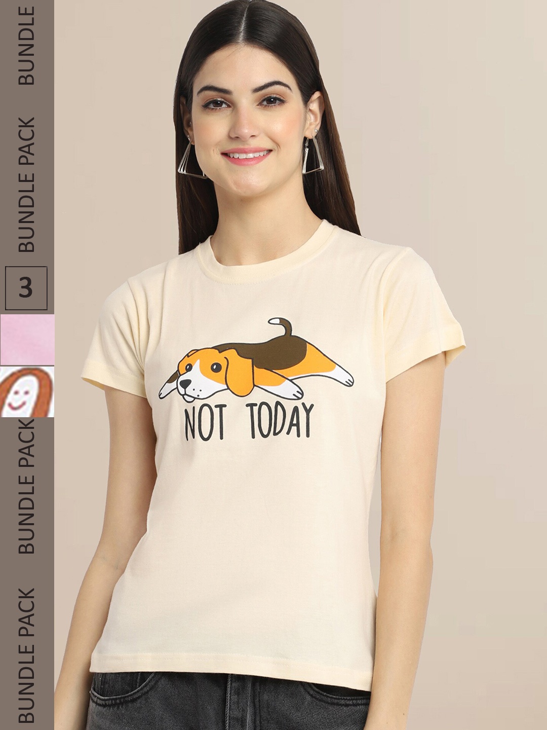 

Fabflee Women Pack of 3 Printed Cotton T-shirts, Cream