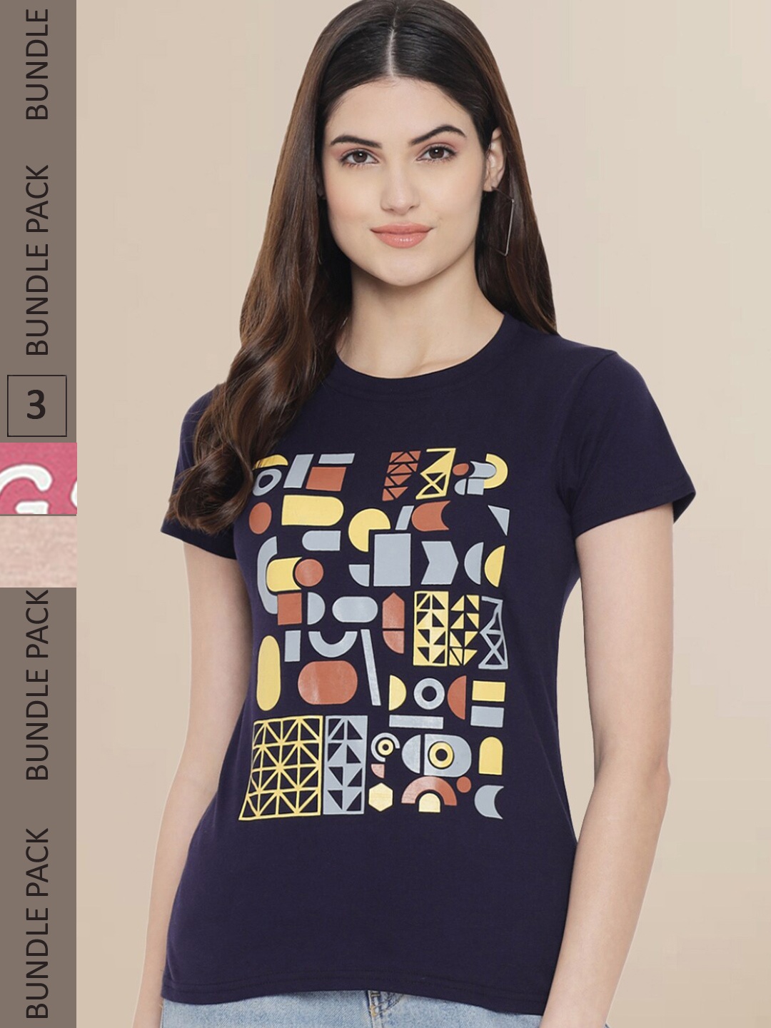 

Fabflee Women Pack of 3 Printed Cotton T-shirts, Navy blue