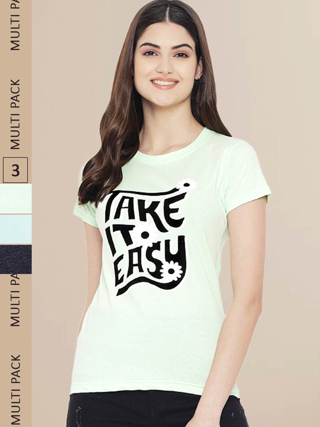 

Fabflee Women Pack of 3 Printed Cotton T-shirts, Sea green