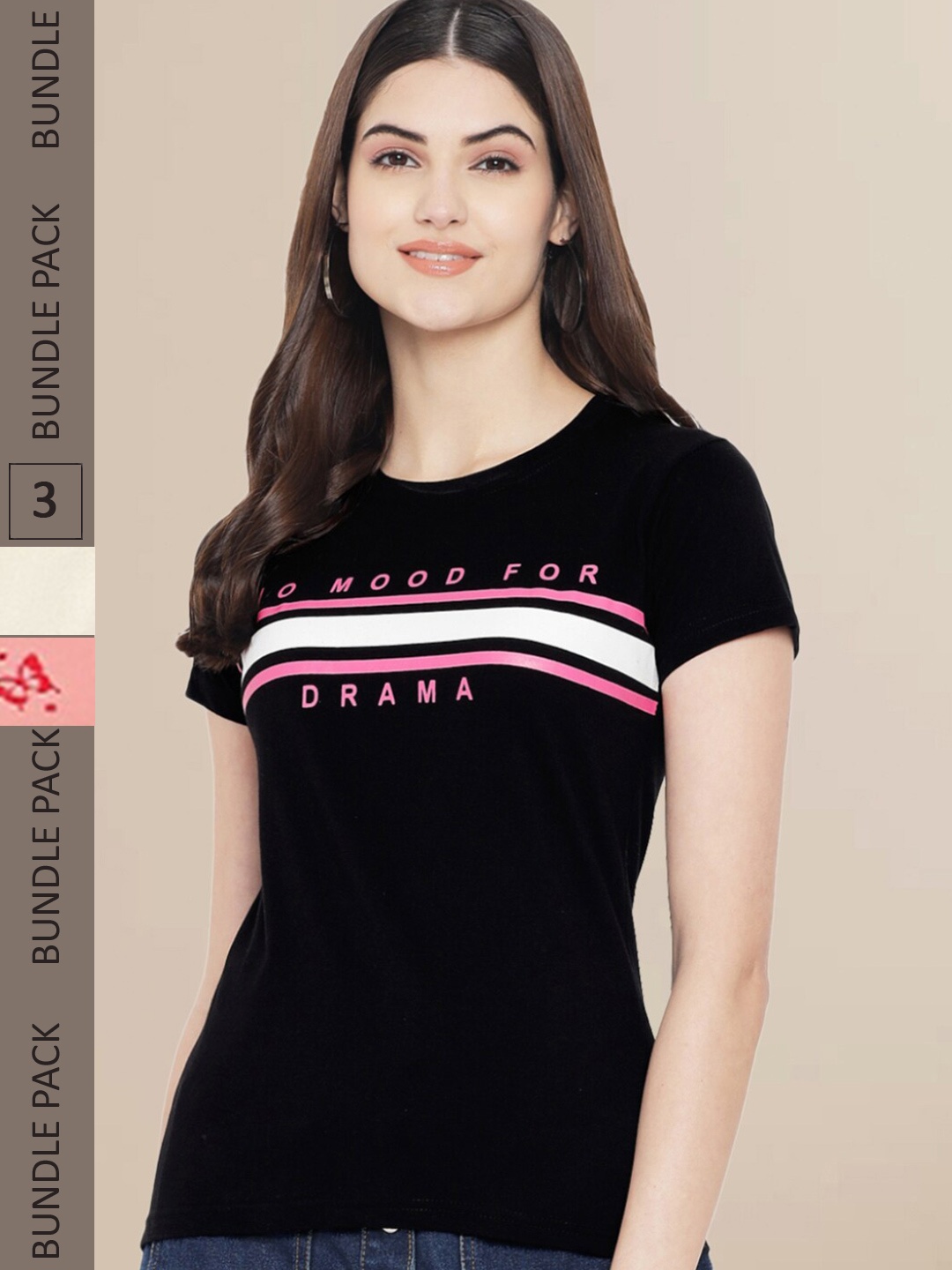 

Fabflee Women Pack of 3 Printed Cotton T-shirts, Black