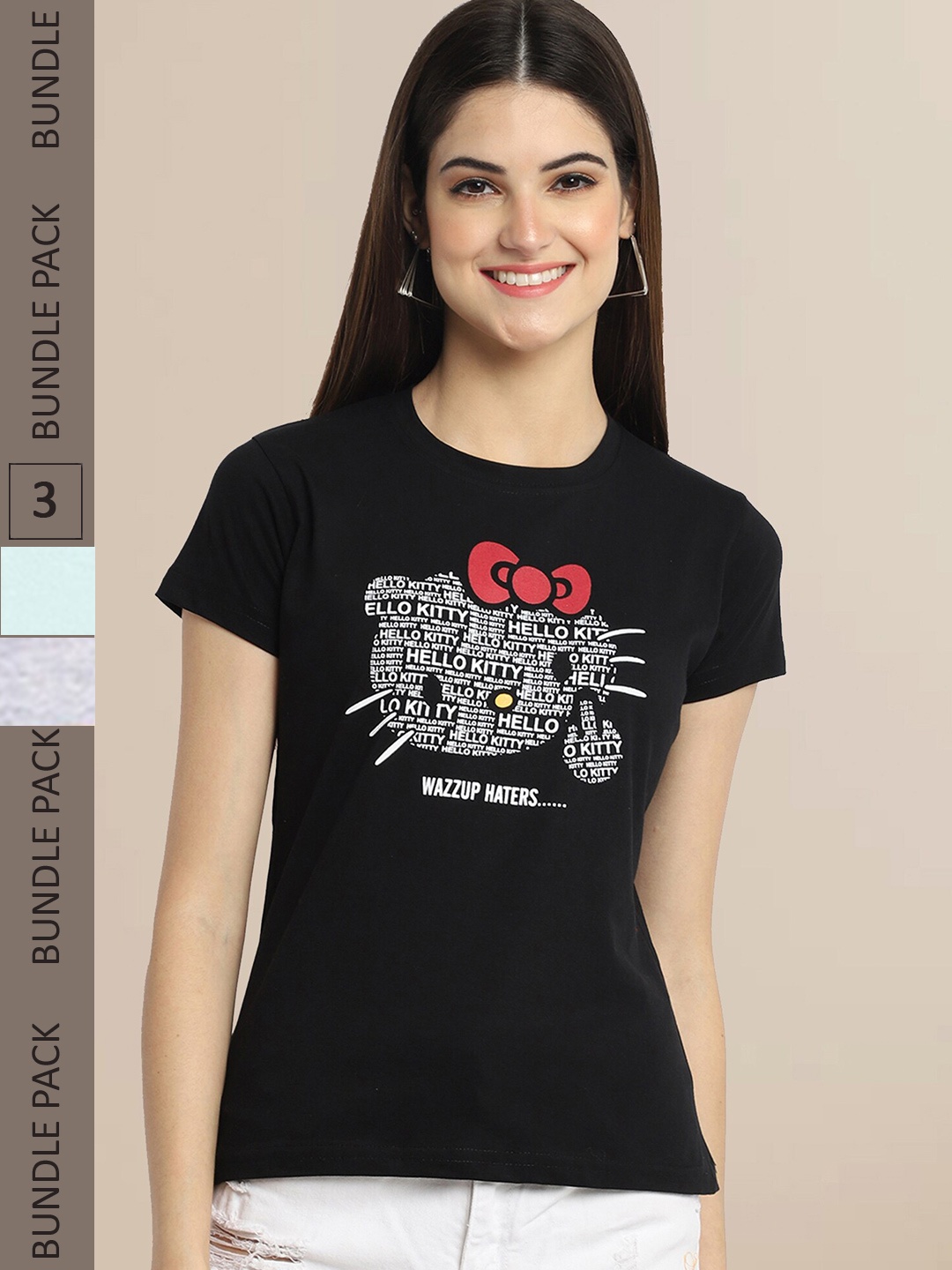 

Fabflee Women Pack of 3 Printed Cotton T-shirts, Black