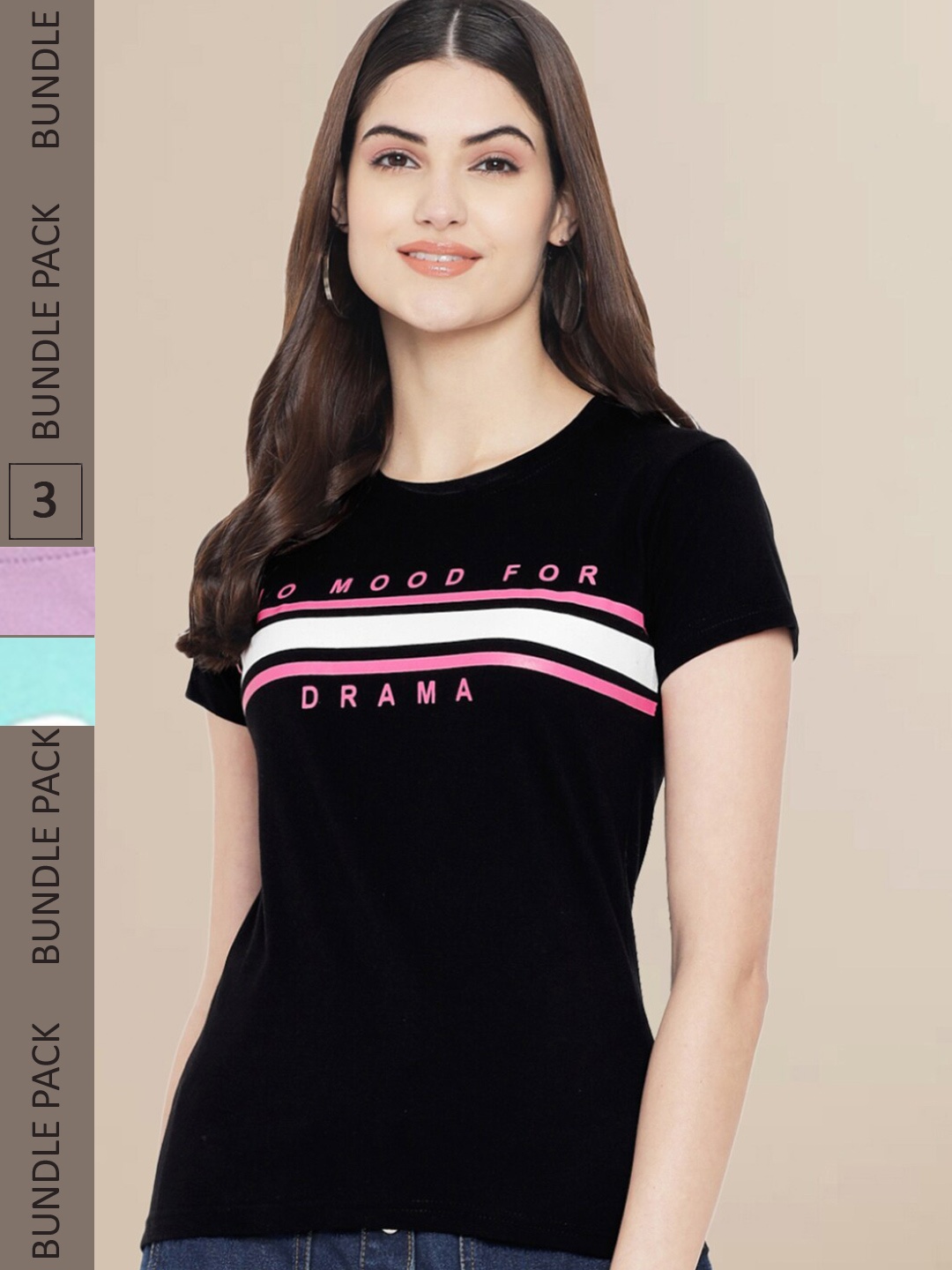 

Fabflee Women Pack of 3 Printed Cotton T-shirts, Black
