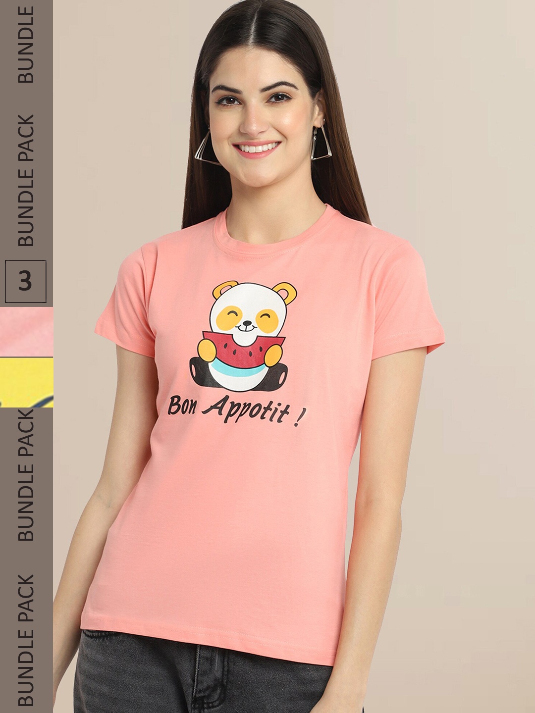 

Fabflee Women Pink & Yellow Pack Of 2 Cotton Printed T-shirt