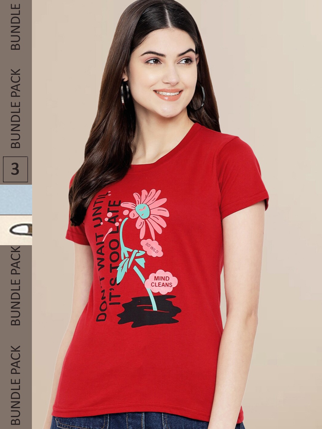 

Fabflee Women Pack Of 3 Printed Cotton T-shirt, Red