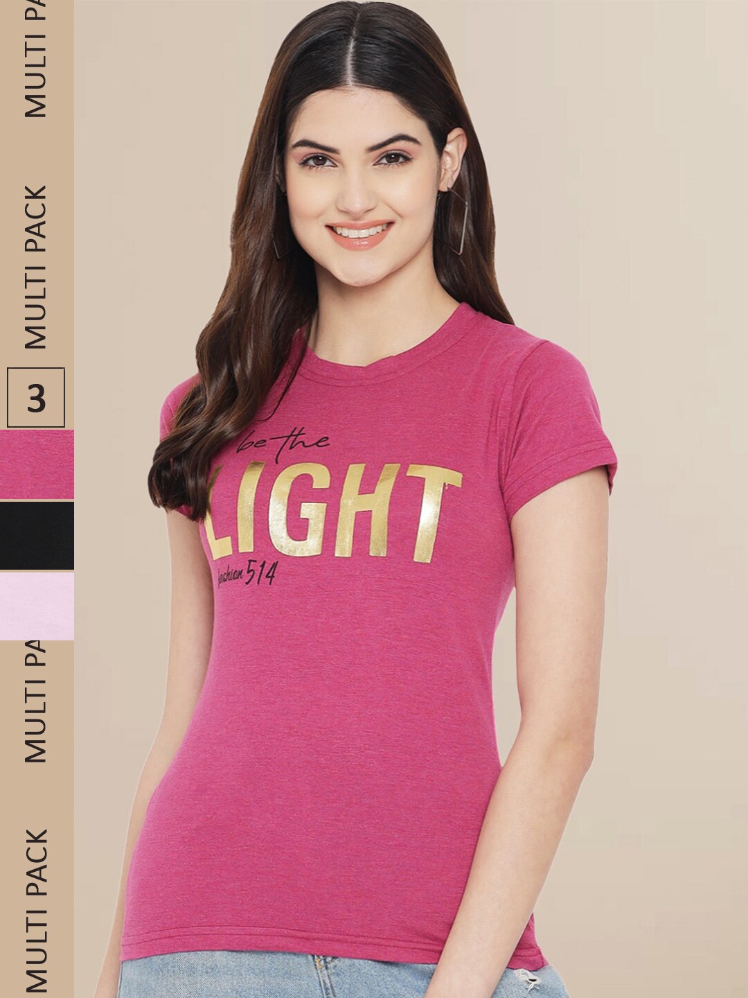 

Fabflee Women Pack of 3 Cotton Typography T-shirt, Pink