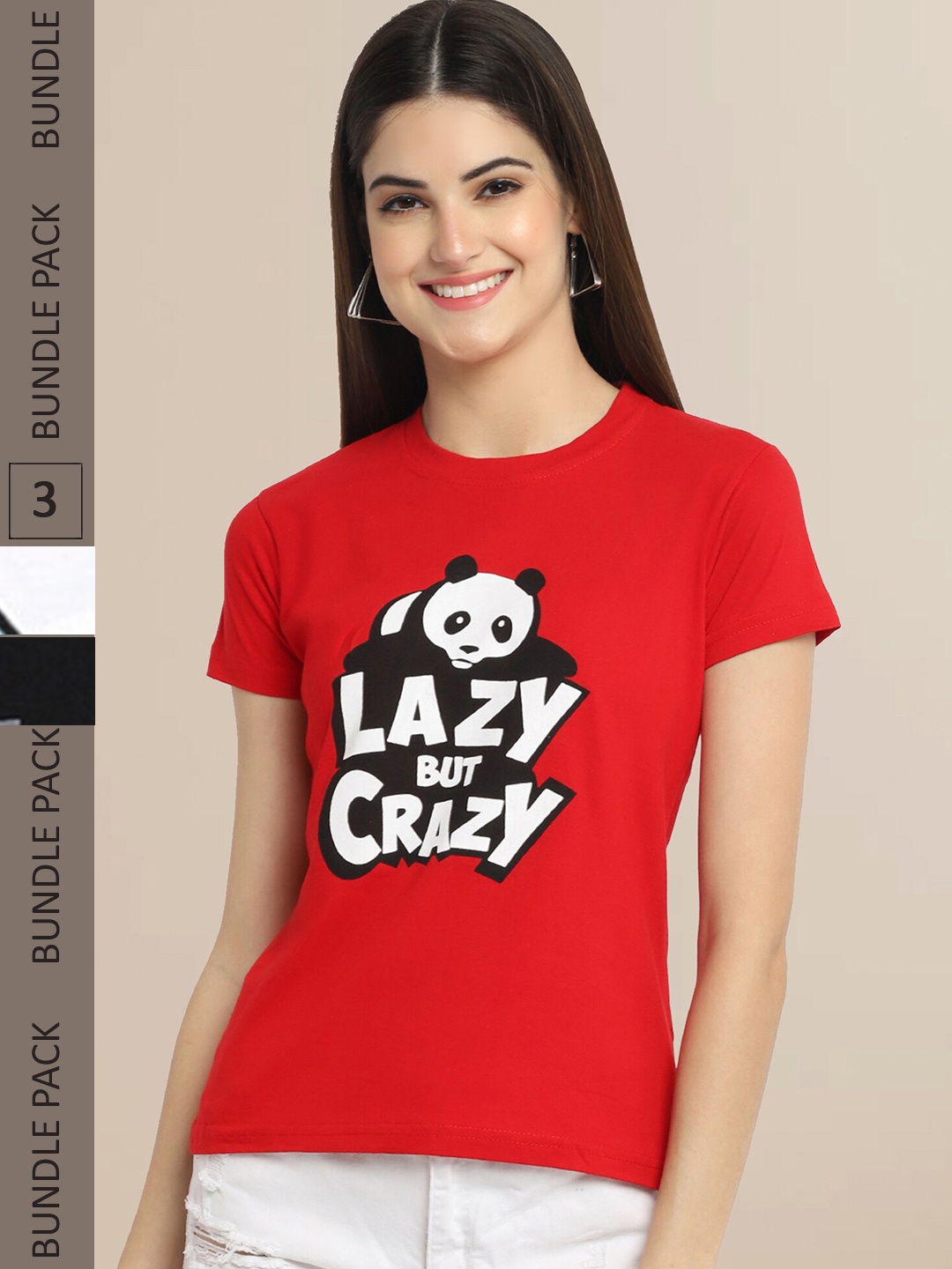 

Fabflee Women Pack of 3 Cotton Printed Typography T-shirt, Red