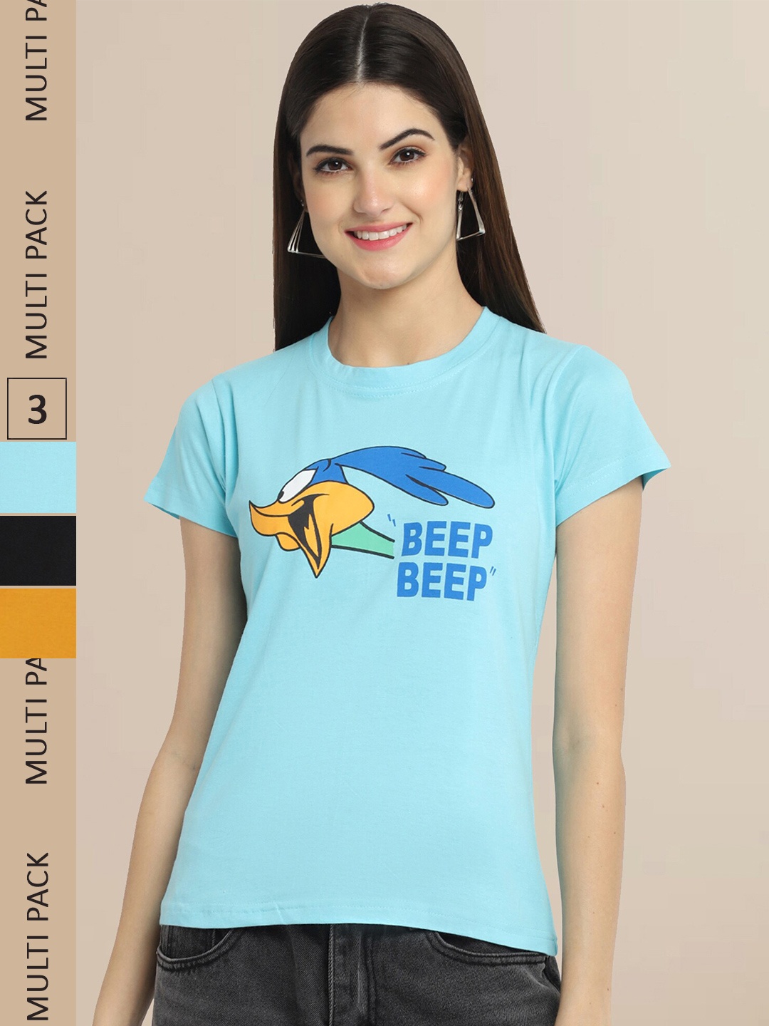 

Fabflee Women Pack of 3 Cotton Printed T-shirt, Blue