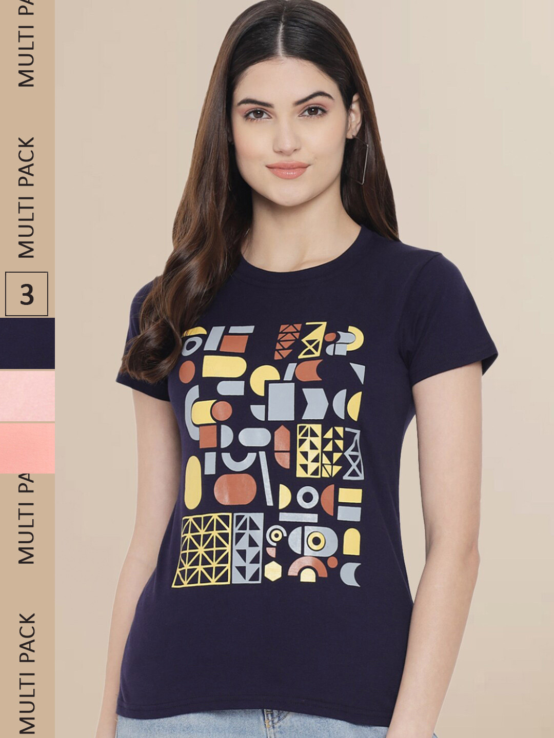 

Fabflee Women Pack of 3 Cotton Printed T-shirt, Black