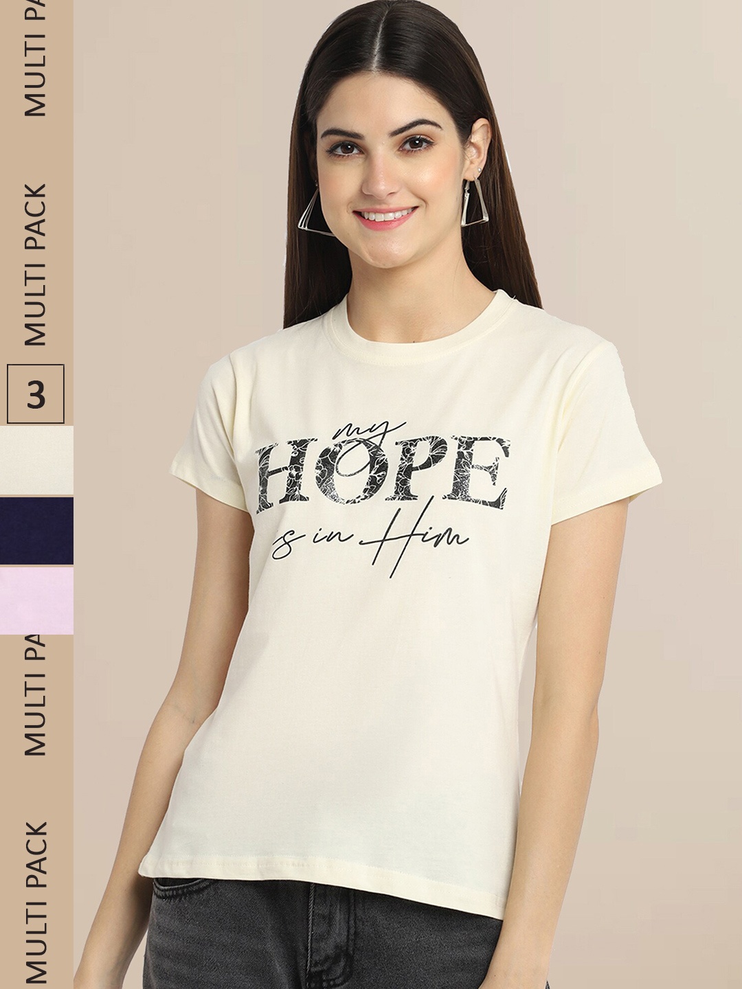 Fabflee Women Pack of 3 Cotton Printed Typography T-shirt, Beige