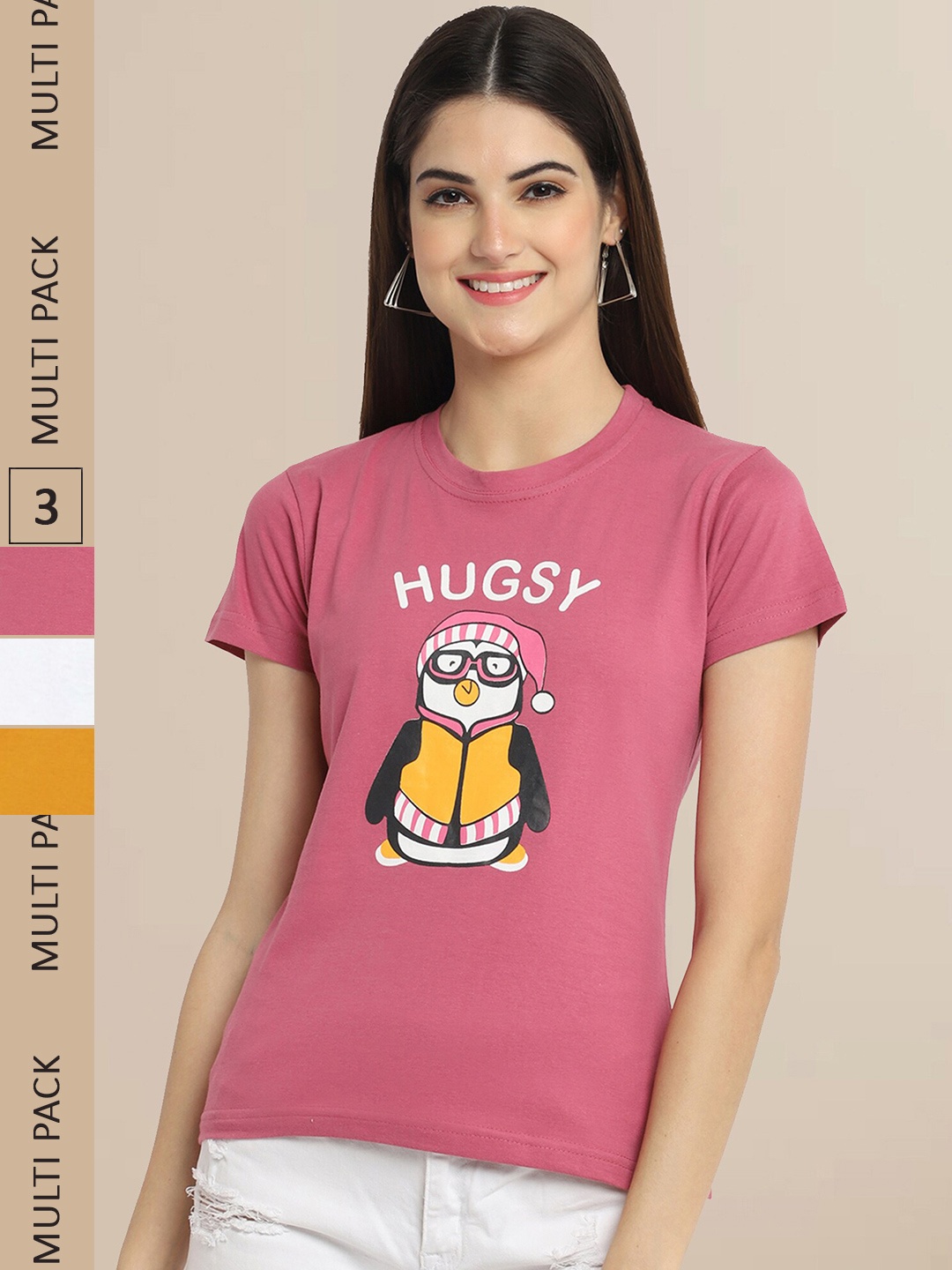

Fabflee Women Pack of 3 Cotton Printed T-shirt, Pink