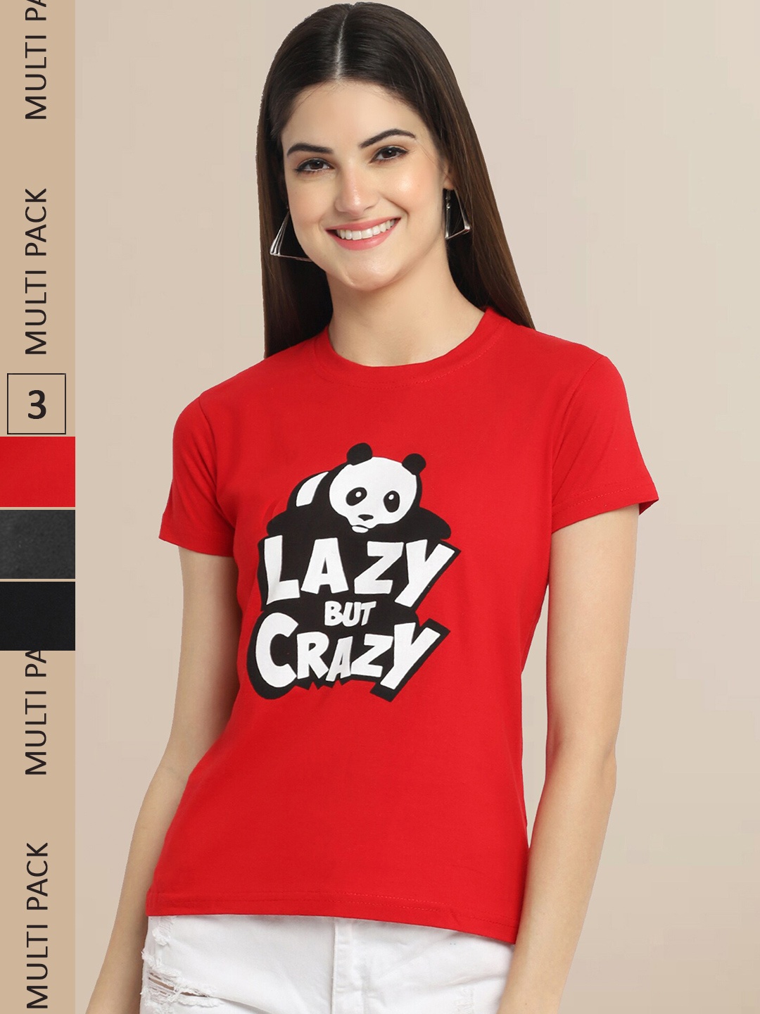 

Fabflee Women Pack of 3 Cotton Printed T-shirt, Red