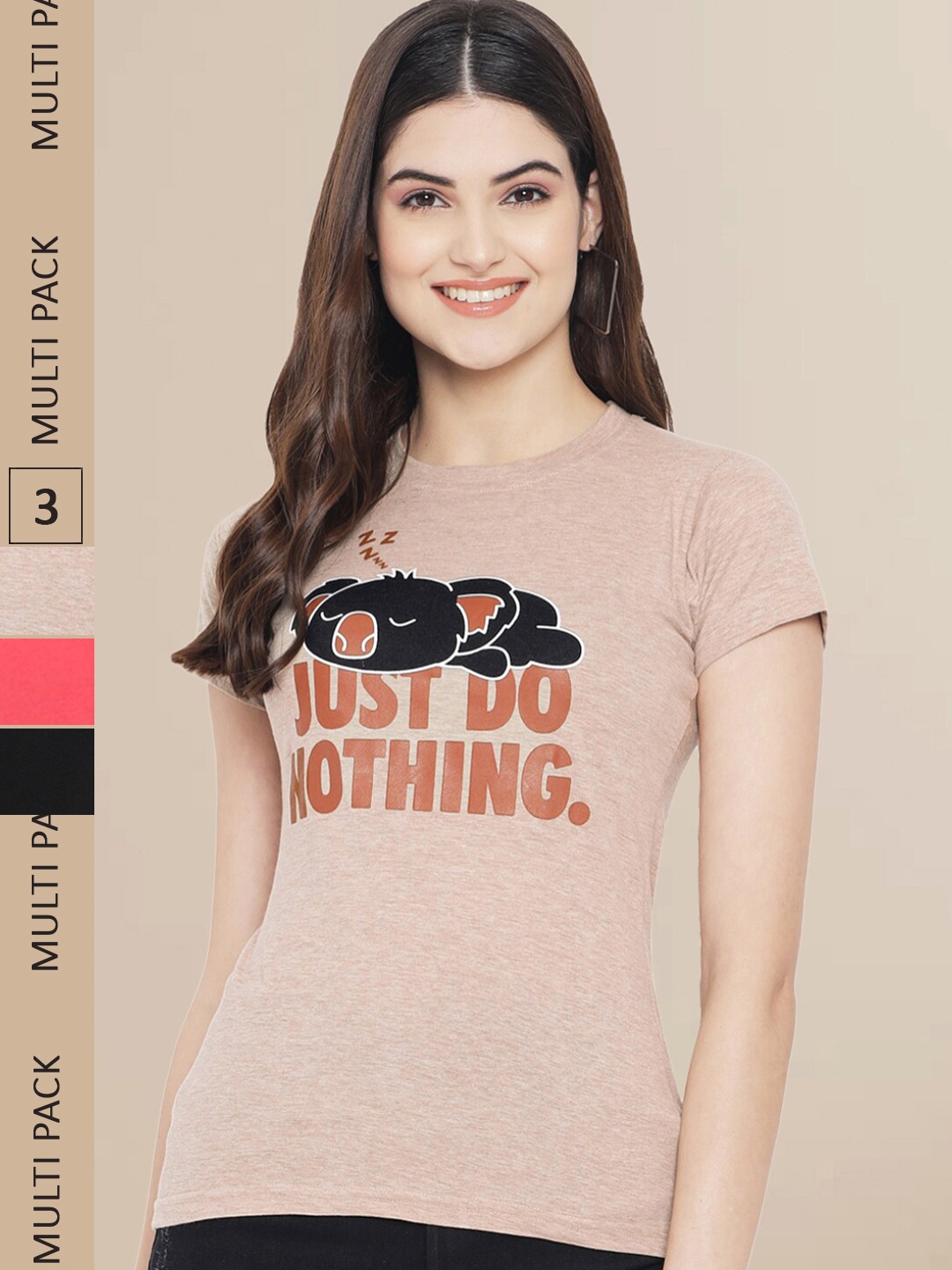 Fabflee Women Pack of 3 Cotton Printed T-shirt, Beige